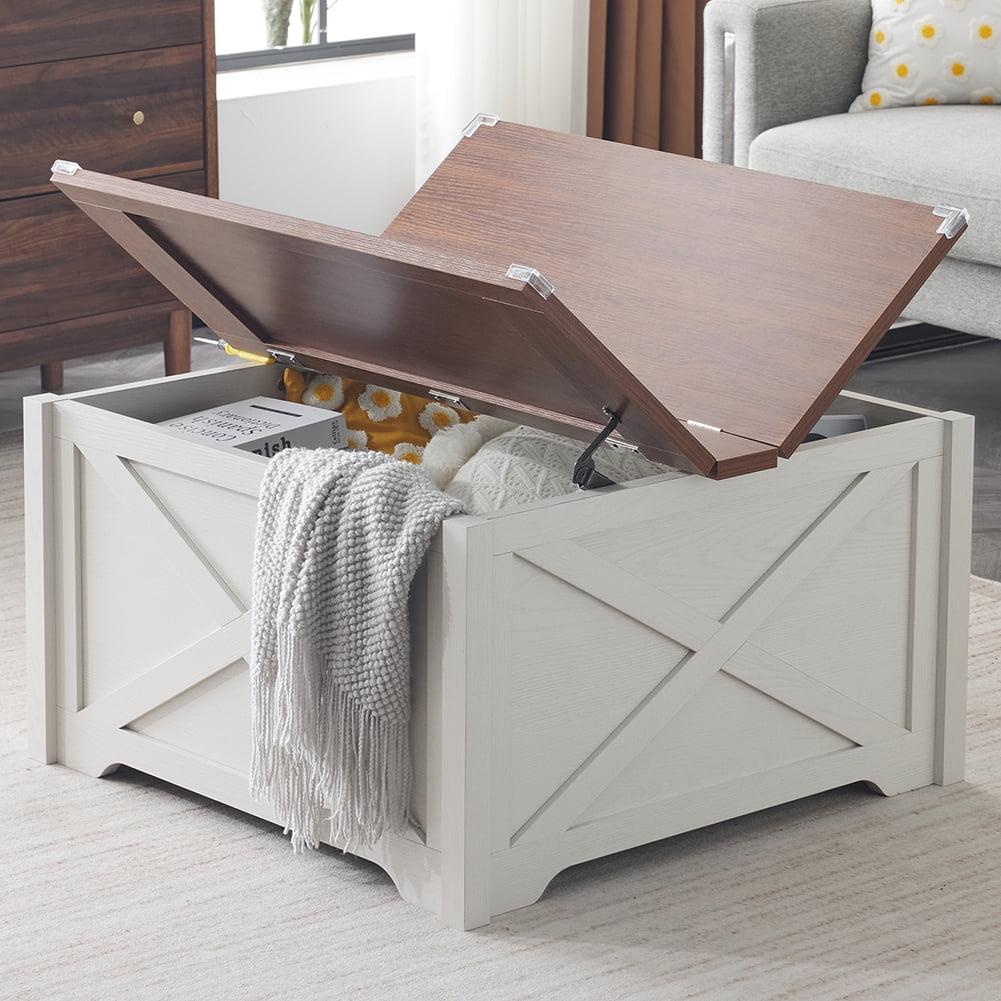 Hassch Farmhouse Coffee Table with Hidden Storage Space, 31.5" Square Cocktail Table with Flip-Top Lid, Rustic Center Table for Living Room, Brown & White