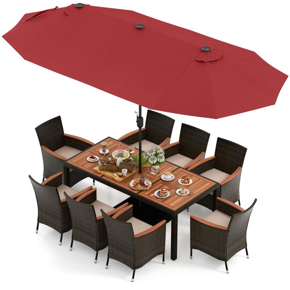 Topcobe 11 Pieces Patio Dining Set with 15 Feet Double-Sided Patio Umbrella and Base, Outdoor Patio Furniture-Wine