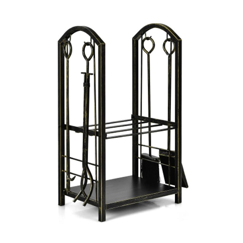 Kadyn Fire Wood Storage Racks, Firewood Holder,Firewood Frame,Firewood Shelf,Fireplace Log Rack with 4 Pieces Fireplace Tools-Bronze