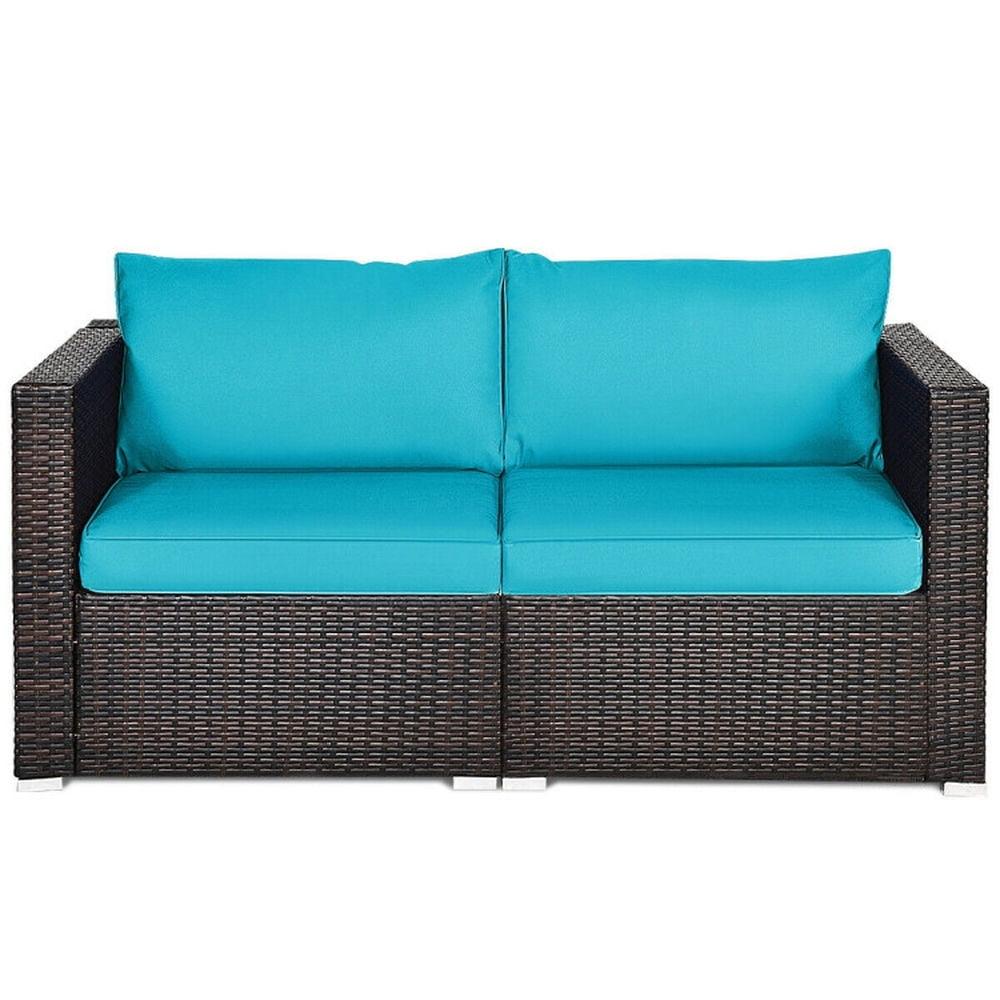 Costway 2PCS Patio Rattan Corner Sofa Sectional Furniture Blue Cushion