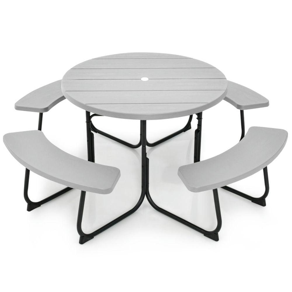 Costway Outdoor 8-person Round Picnic Table Bench Set with 4 Benches & Umbrella Hole Grey