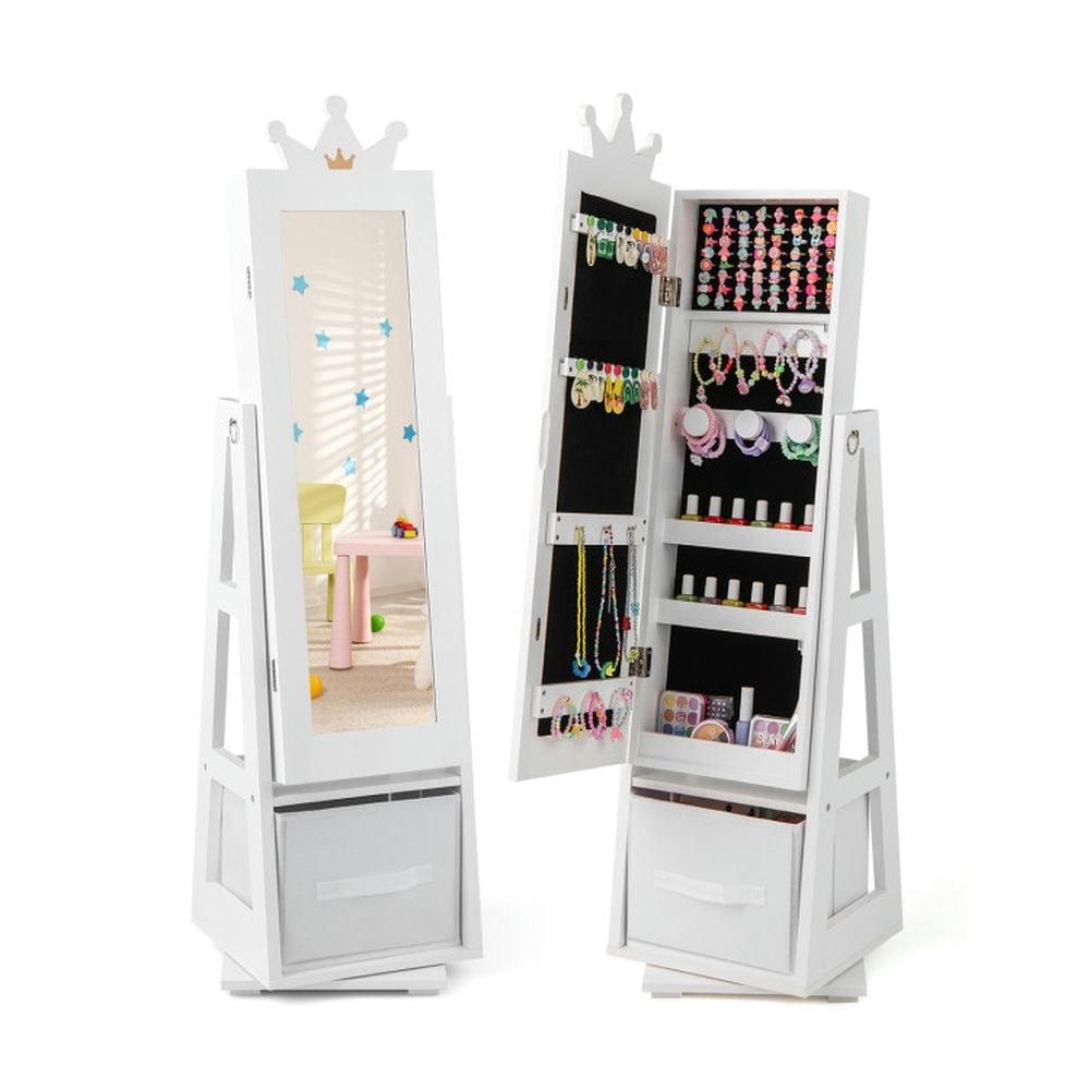 Tangkula Kids Jewelry Cabinet with Full-Length Mirror Drawer 2 Adjustable Tilt Angles White