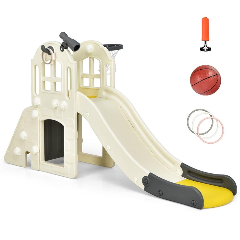 Costway 6-In-1 Large Slide for Kids Toddler Climber Slide Playset w/ Basketball Hoop Yellow