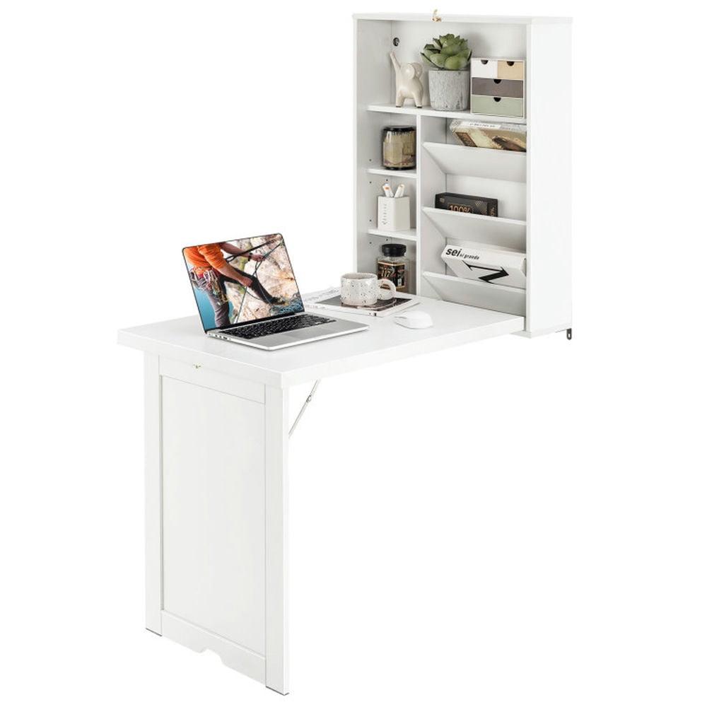 White Foldable Wall Mounted MDF Desk with Shelves