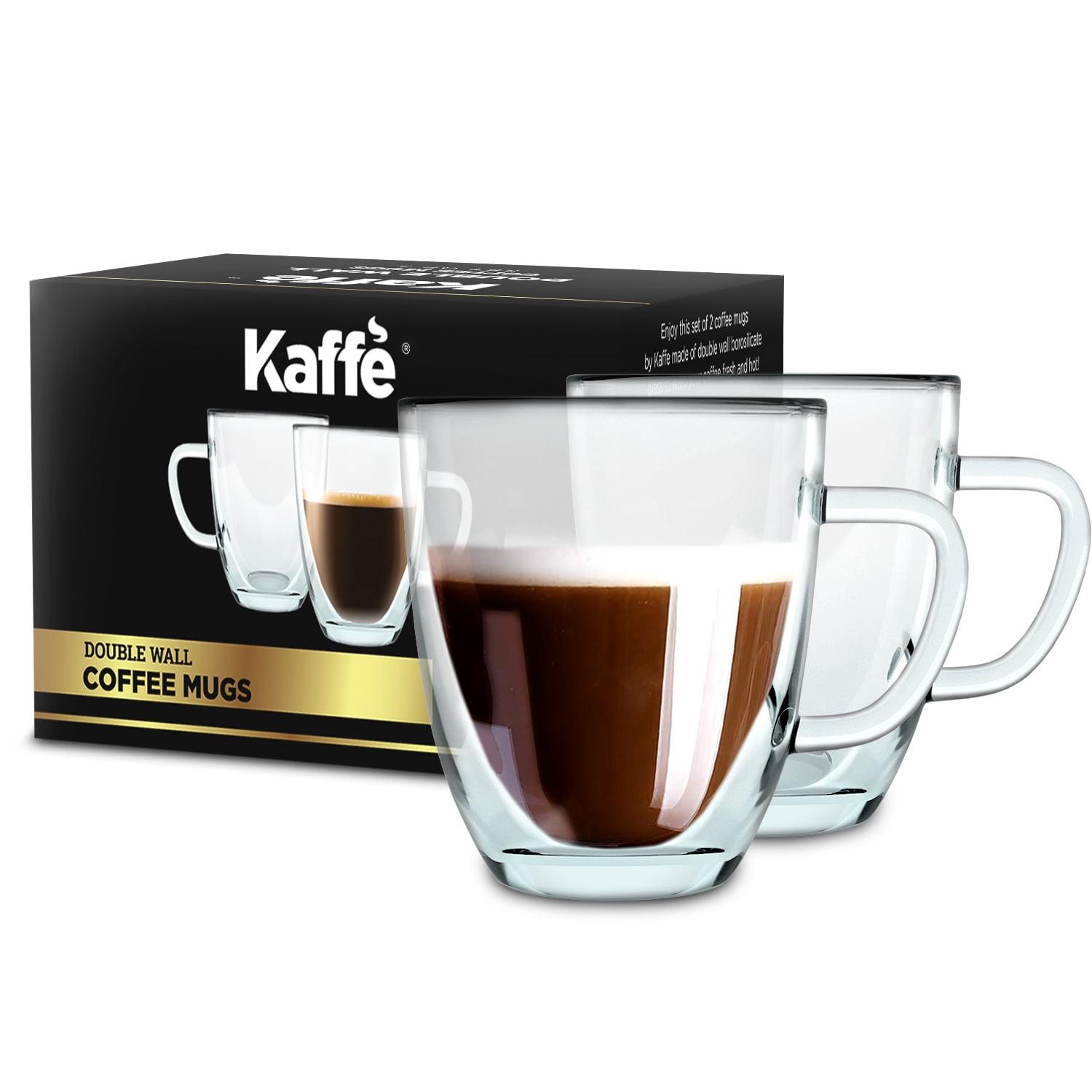 Kaffe 16oz Glass Coffee Mugs. Large Double-Wall Borosilicate Glass Coffee Cups. Perfect insulation for Latte, Cappuccino, Tea. Set of 2 (Two)