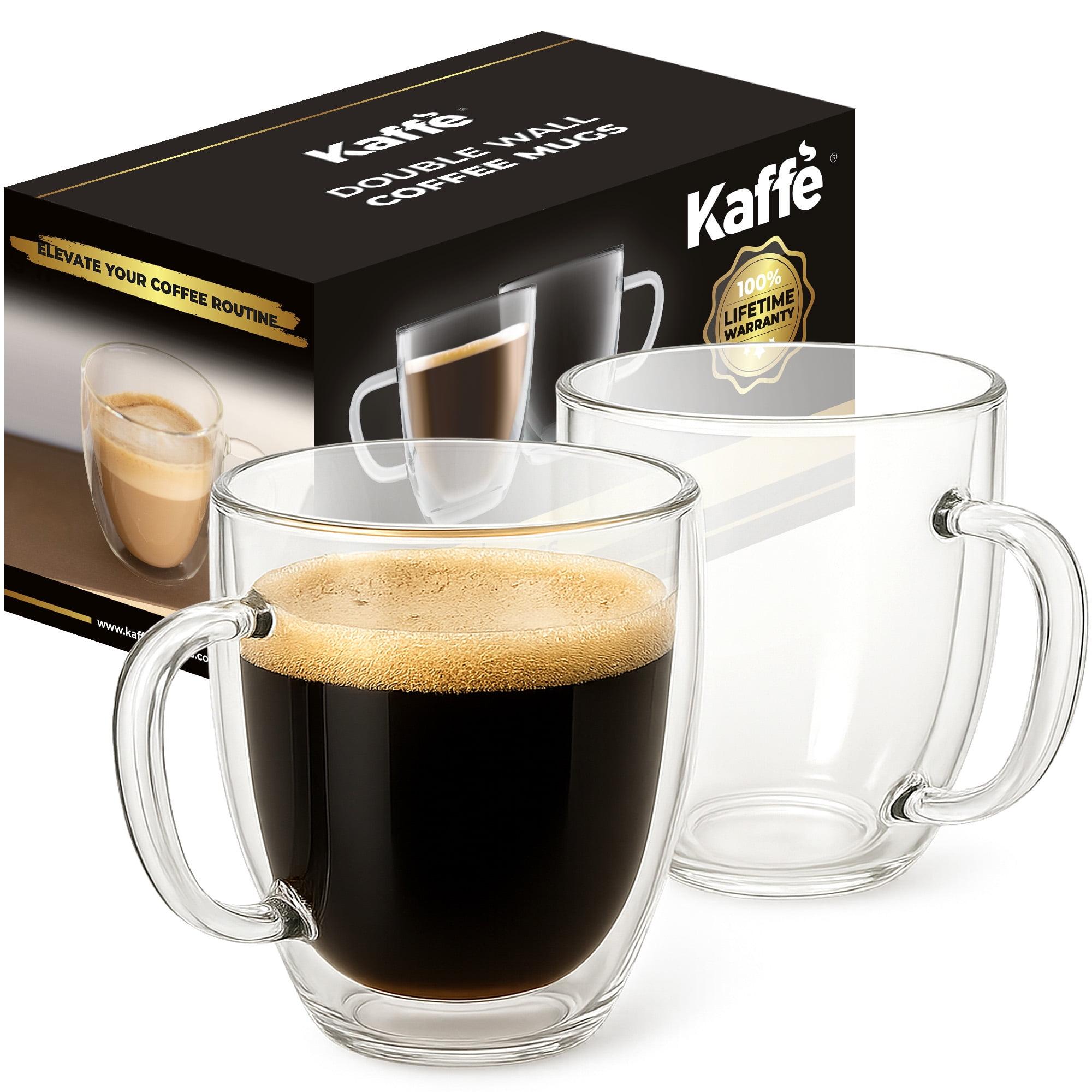 Kaffe 16oz Glass Coffee Mugs. Large Double-Wall Borosilicate Glass Coffee Cups. Perfect insulation for Latte, Cappuccino, Tea. Set of 2 (Two)