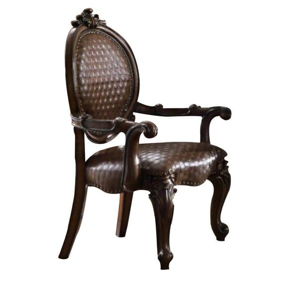 Kai 26 Inch Solid Wood Carved Armchair, Rolled Arms, Vegan Leather, Cherry - Saltoro Sherpi