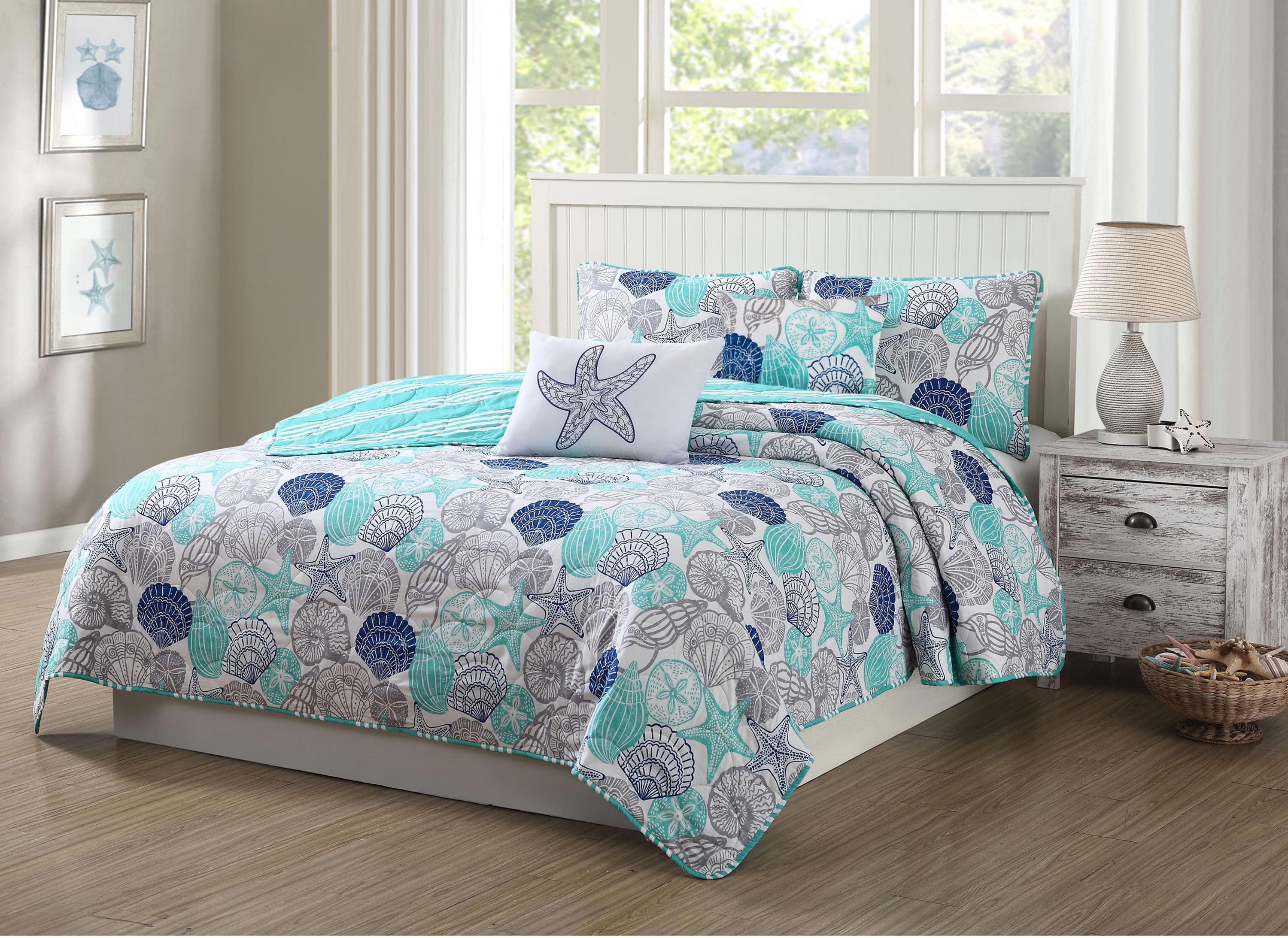 King Size Blue Microfiber Reversible Coastal Quilt Set