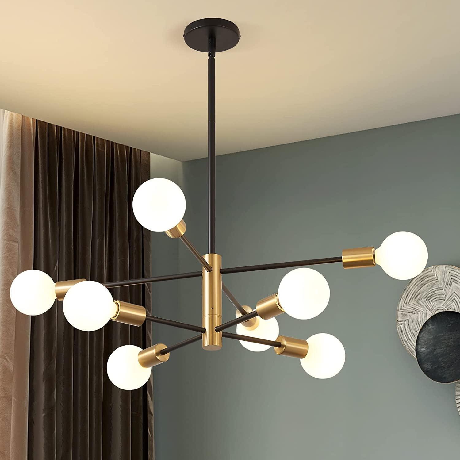 KAISITE Modern Sputnik Chandelier - 8-Light Ceiling Light Fixture Height Adjustable Mid Century Plating Finished Black and Gold Chandelier for Bedroom Living Room Dining Room Kitchen Foyer