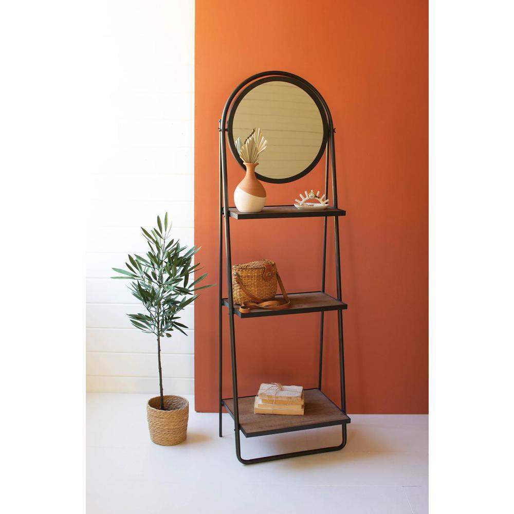 Black Round Mirror with Wood Shelves and Metal Frame