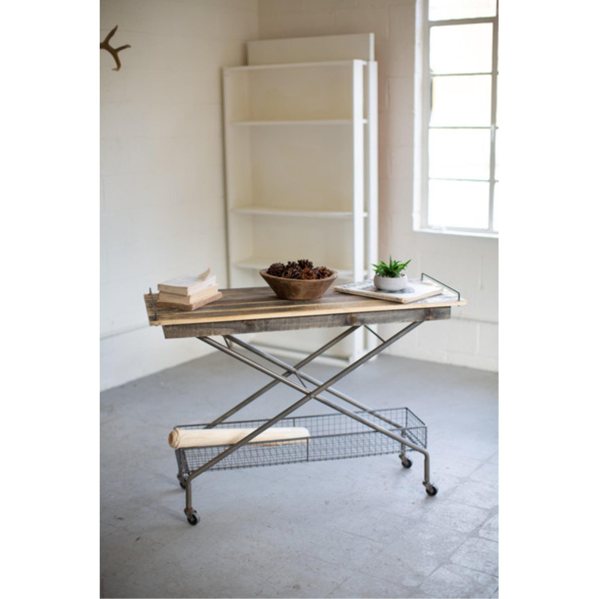 Recycled Wood and Metal Mobile Kitchen Work Station with Glass Top