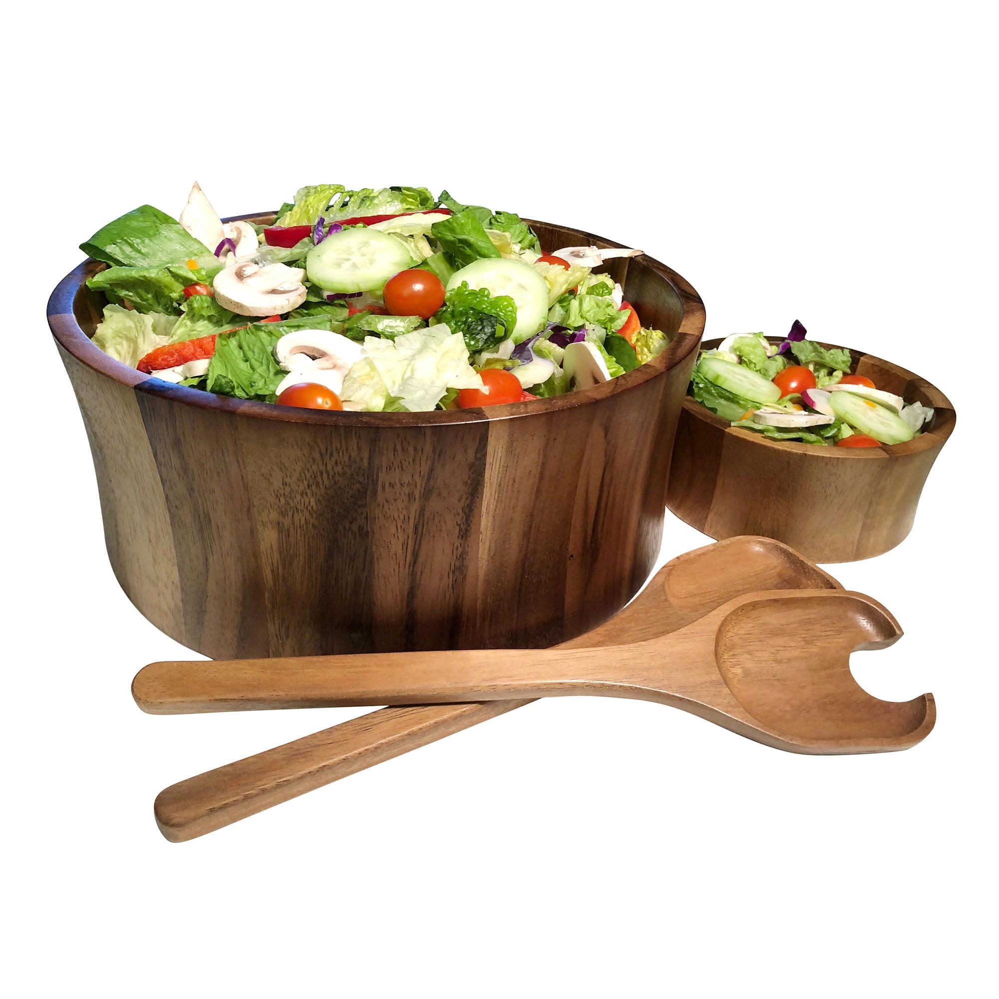 Kalmar Home Acacia Wood Large Salad Bowl with Servers