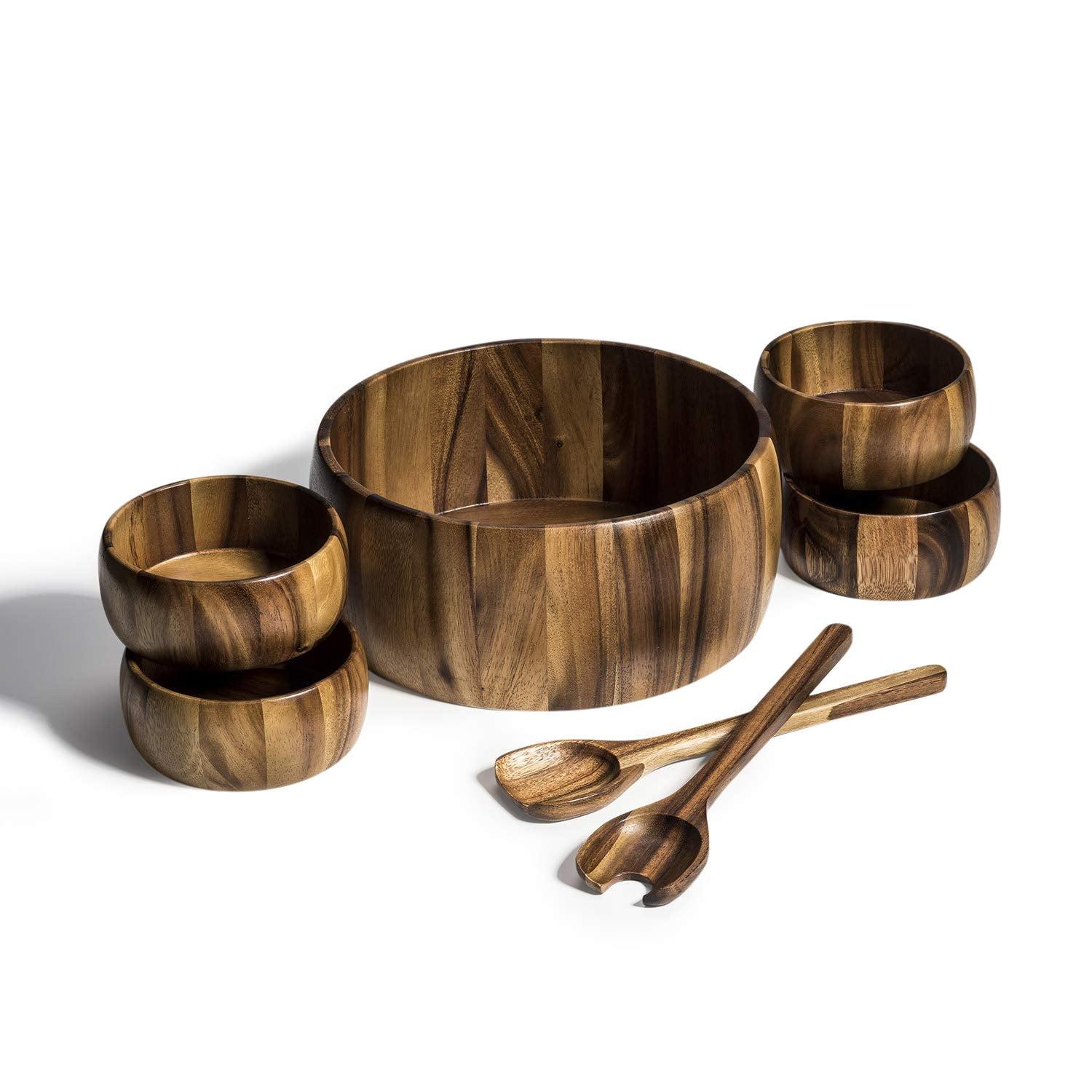 Extra Large Acacia Wood Salad Bowl Set with Servers and 4 Bowls