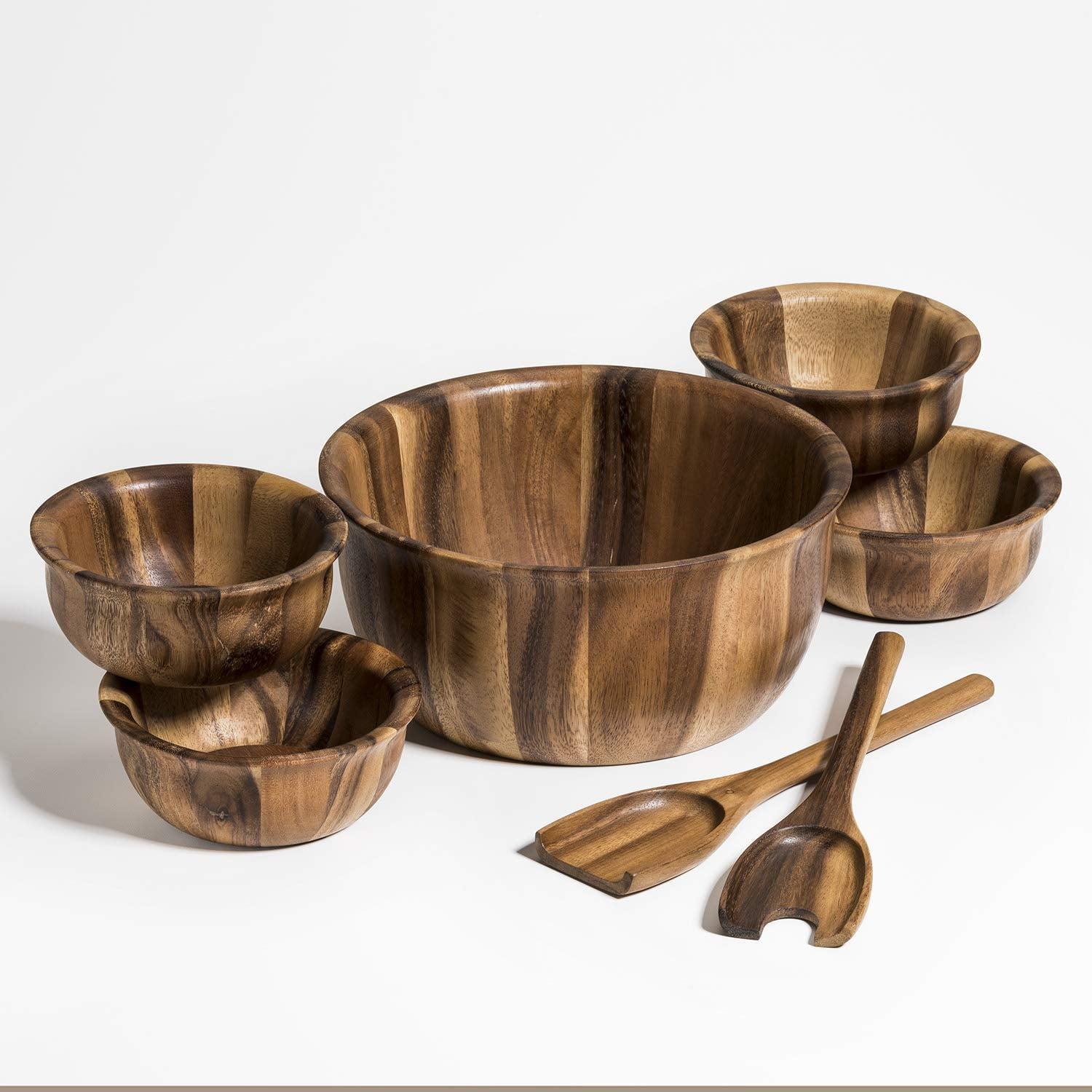 Kalmar Home Solid Acacia Wood  Large Salad Bowl with Servers and 4 Individuals