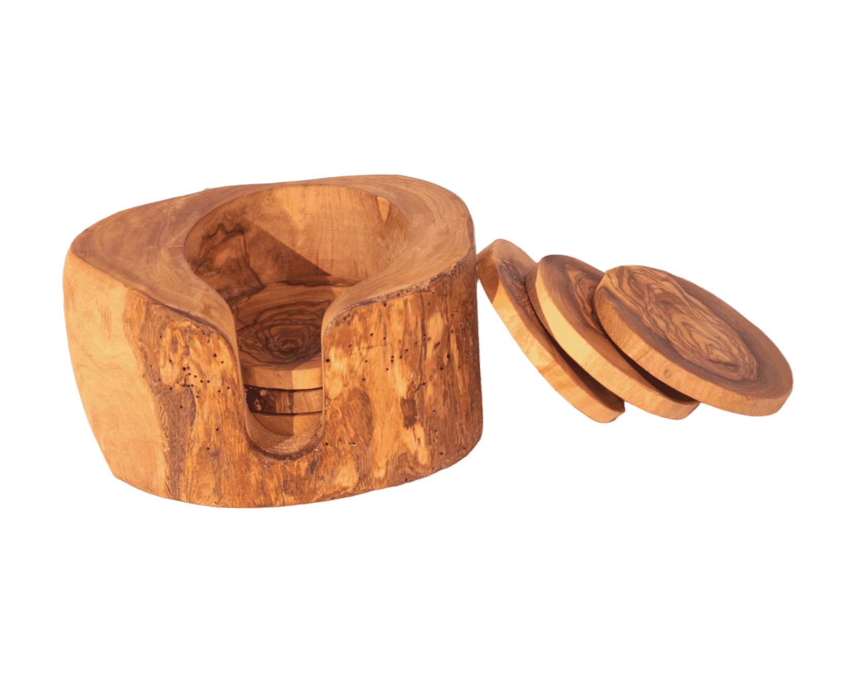 KAMSAH Kitchenware Handcrafted Olive Wood Coaster Set with Holder - Includes 6 Round Coasters and Versatile Holder