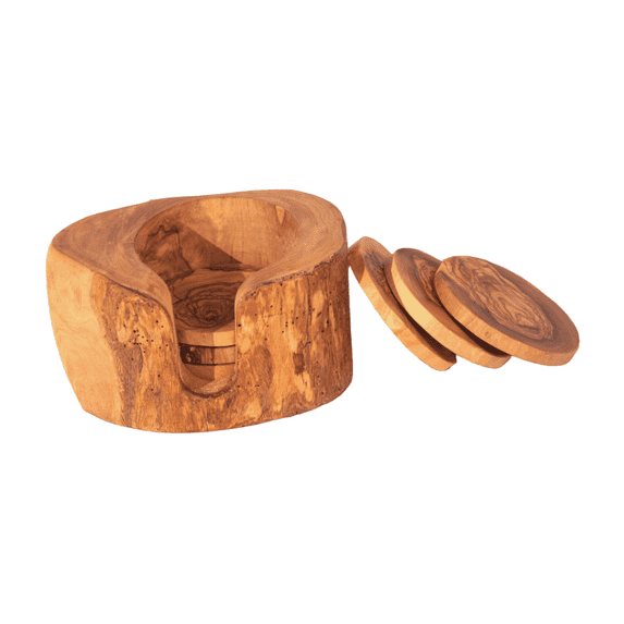 KAMSAH Kitchenware Handcrafted Olive Wood Coaster Set with Holder - Includes 6 Round Coasters and Versatile Holder