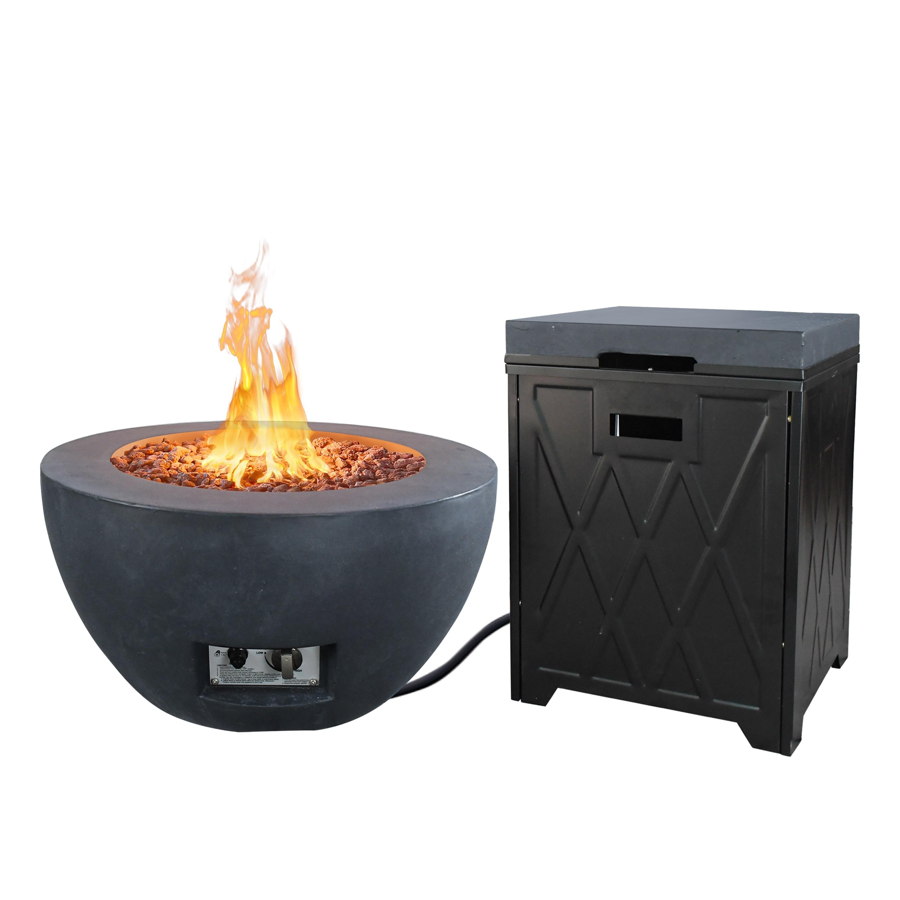 Modern 25" Round Concrete Propane Gas Fire Pit Table in Black