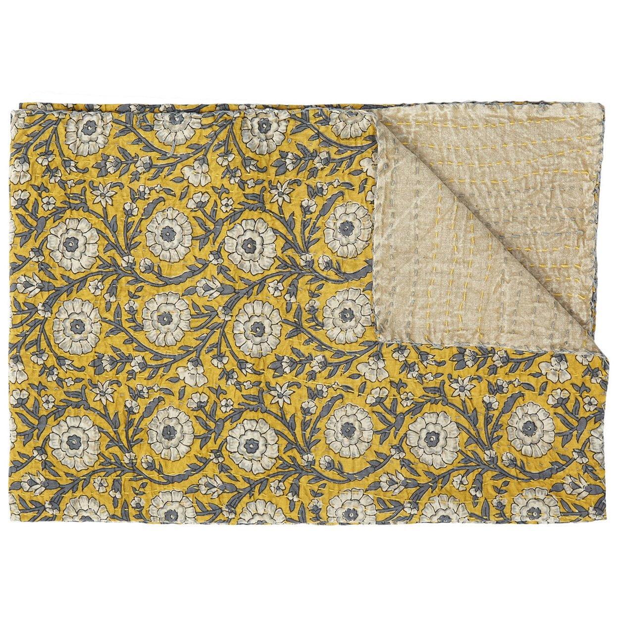 Handcrafted Floral Yellow and Beige Cotton Reversible Throw Blanket