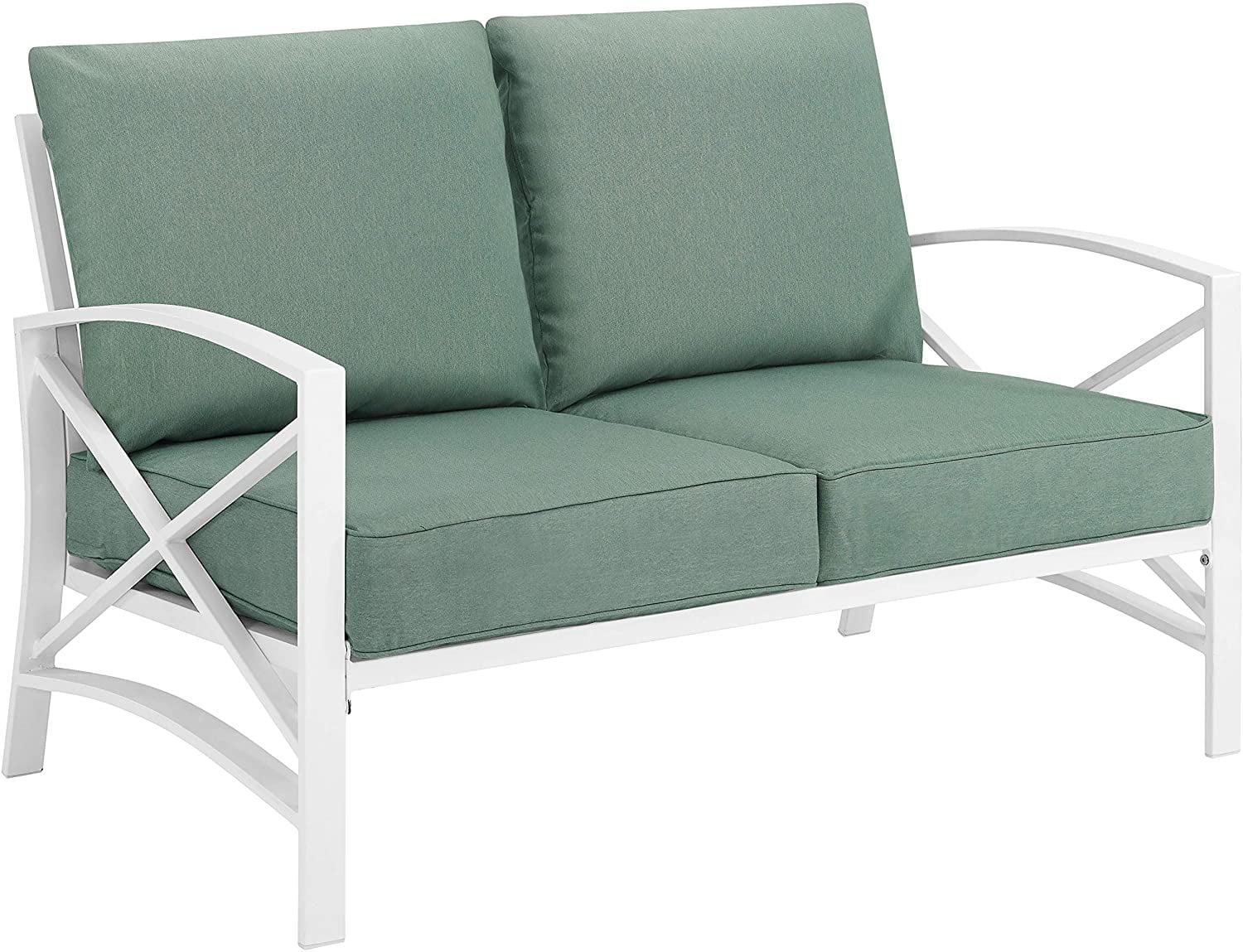 Kaplan Loveseat White/Teal - Crosley: UV-Resistant, Padded Outdoor Sofa with Steel Frame, Seats 2
