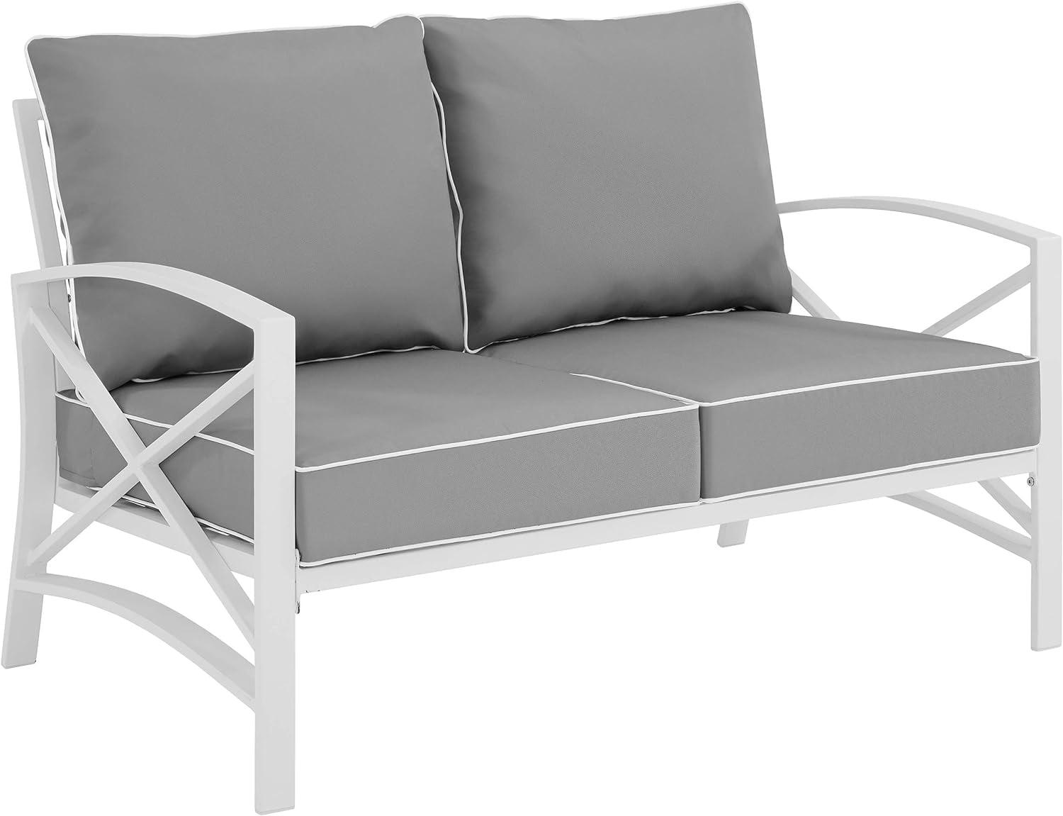 Gray and White Steel Outdoor Loveseat with Cushions