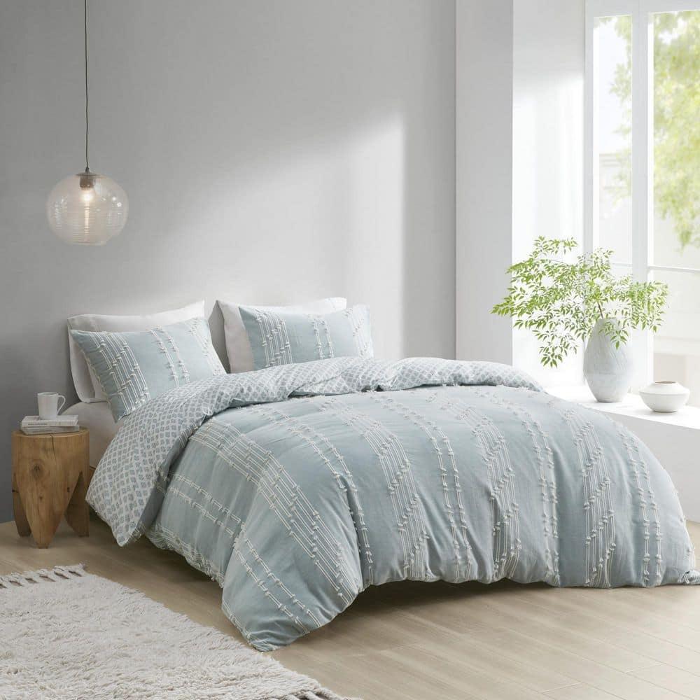 Kara 3-Piece Aqua Full/Queen Cotton Jacquard Duvet Cover Mini Set