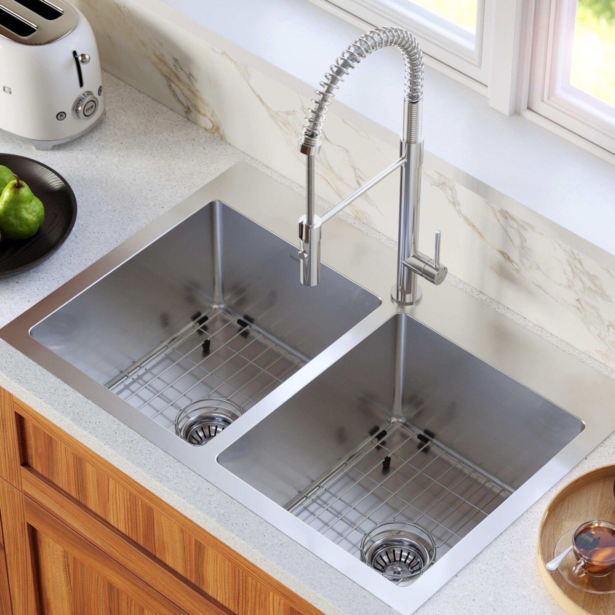 Karran 33'' Stainless Steel Double Bowl Kitchen Sink Kit