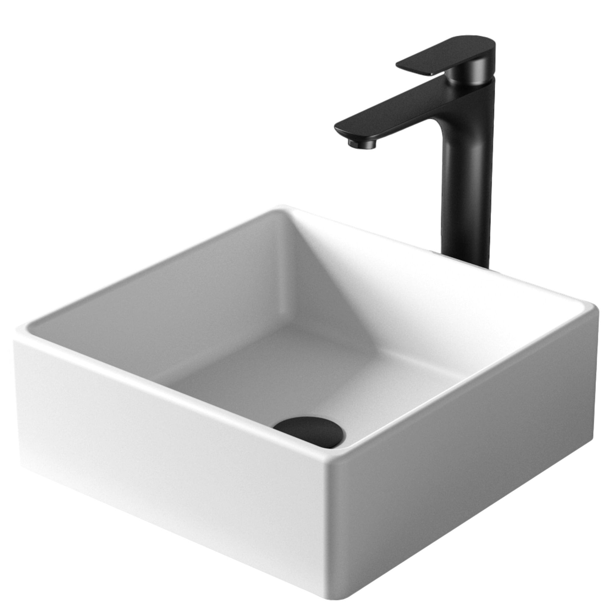 Matte White Acrylic Square Bathroom Vessel Sink with Matte Black Faucet