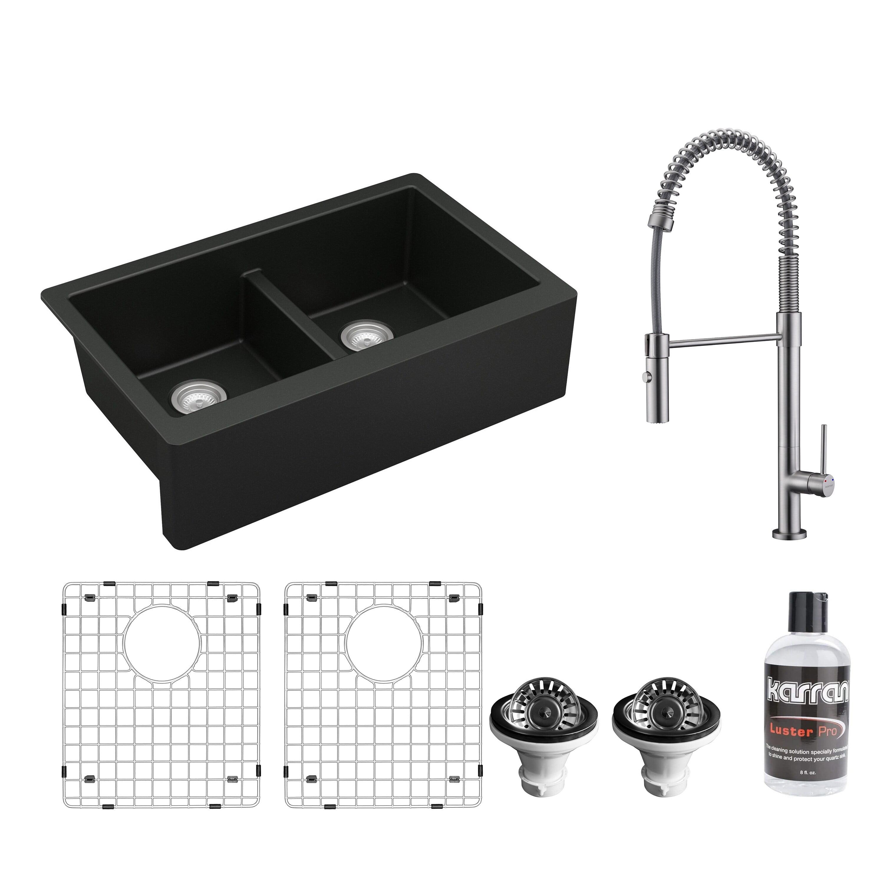 Matte Black Quartz 34'' Double Bowl Farmhouse Kitchen Sink with Stainless Steel Faucet