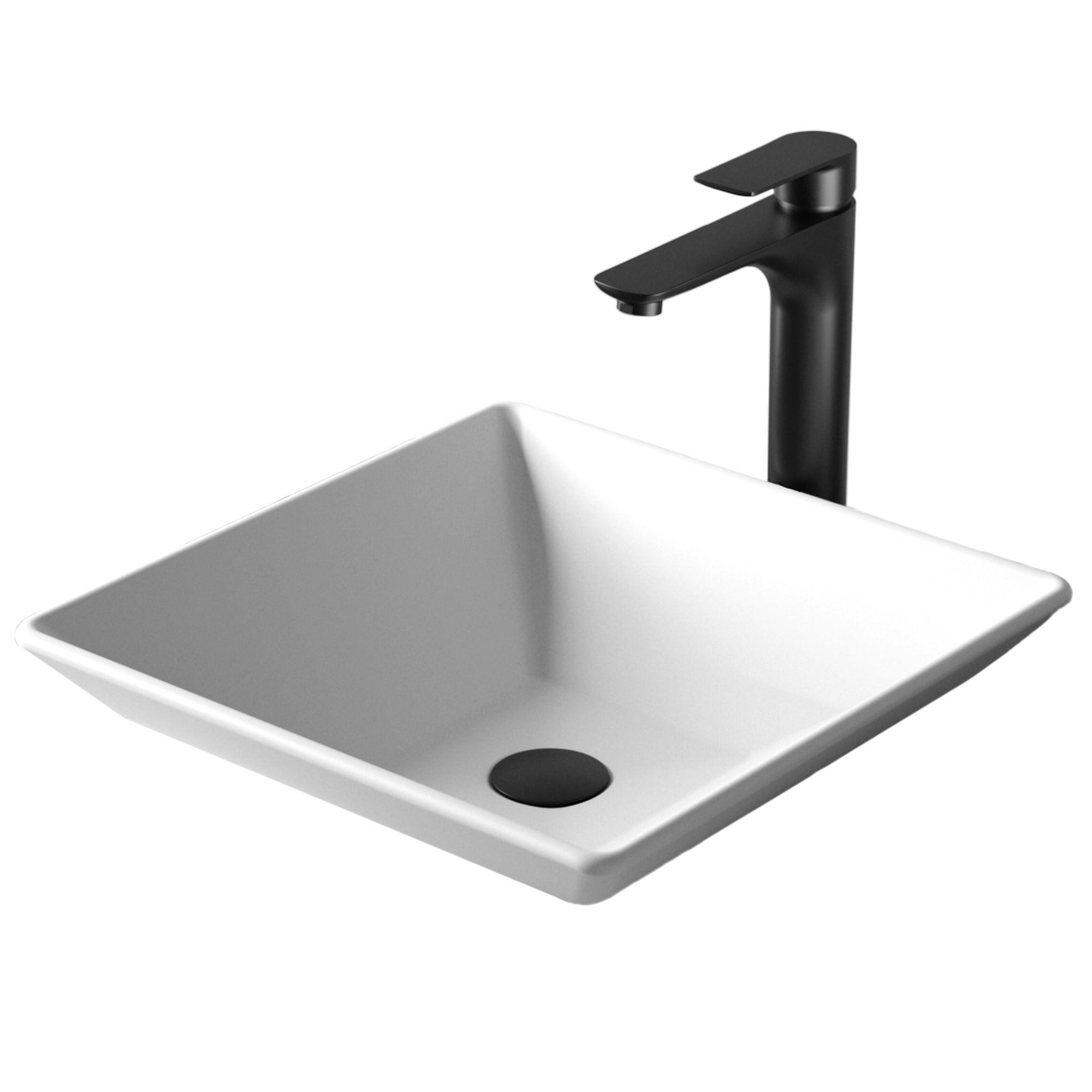 Karran Quattro Matte White Acrylic 16 In. Square Bathroom Vessel Sink With Faucet and Drain