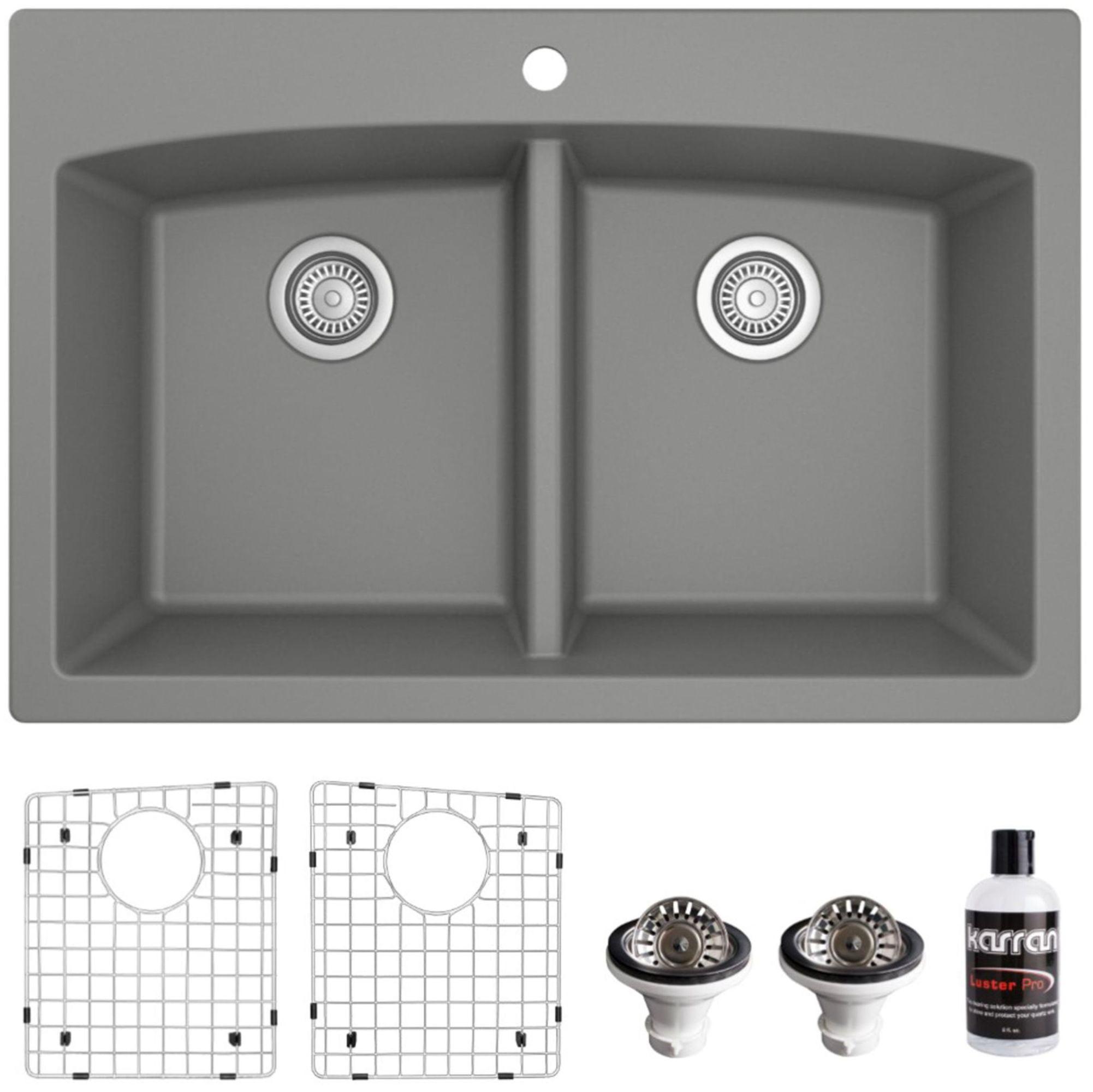 Karran Quartz 33'' X 22'' Double Bowl 50/50 Top Mount Drop-in Kitchen Sink Kit