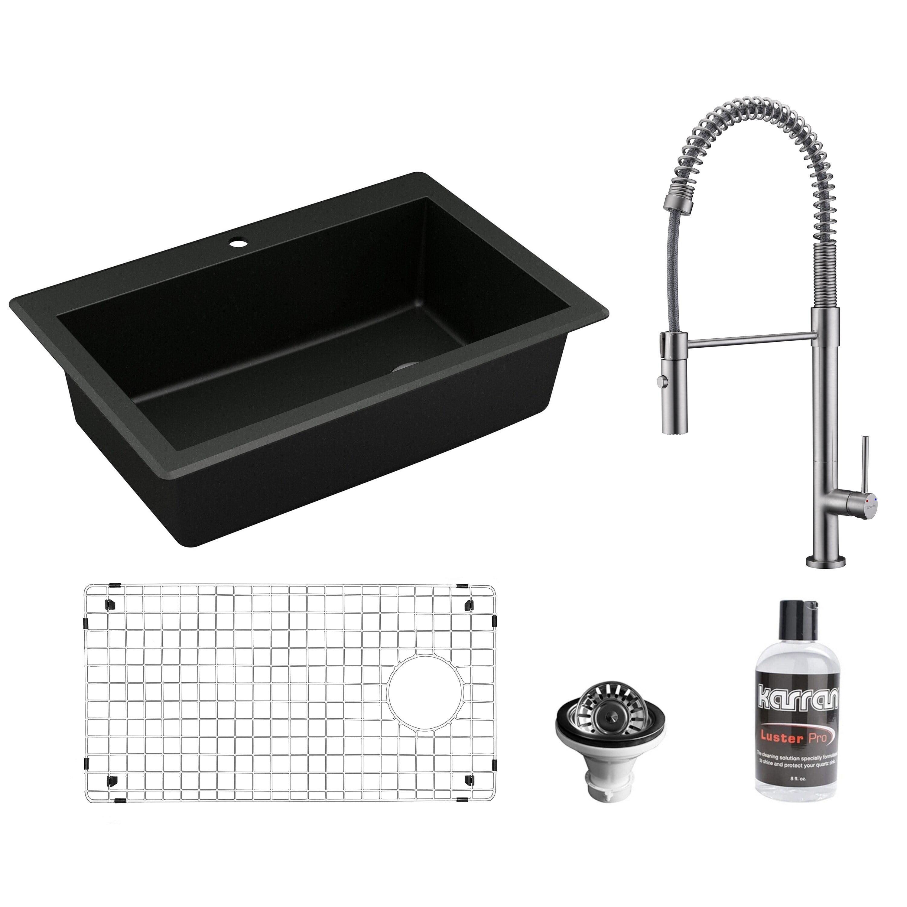 Karran Black Quartz 33'' Single Bowl Drop-In Kitchen Sink with Faucet