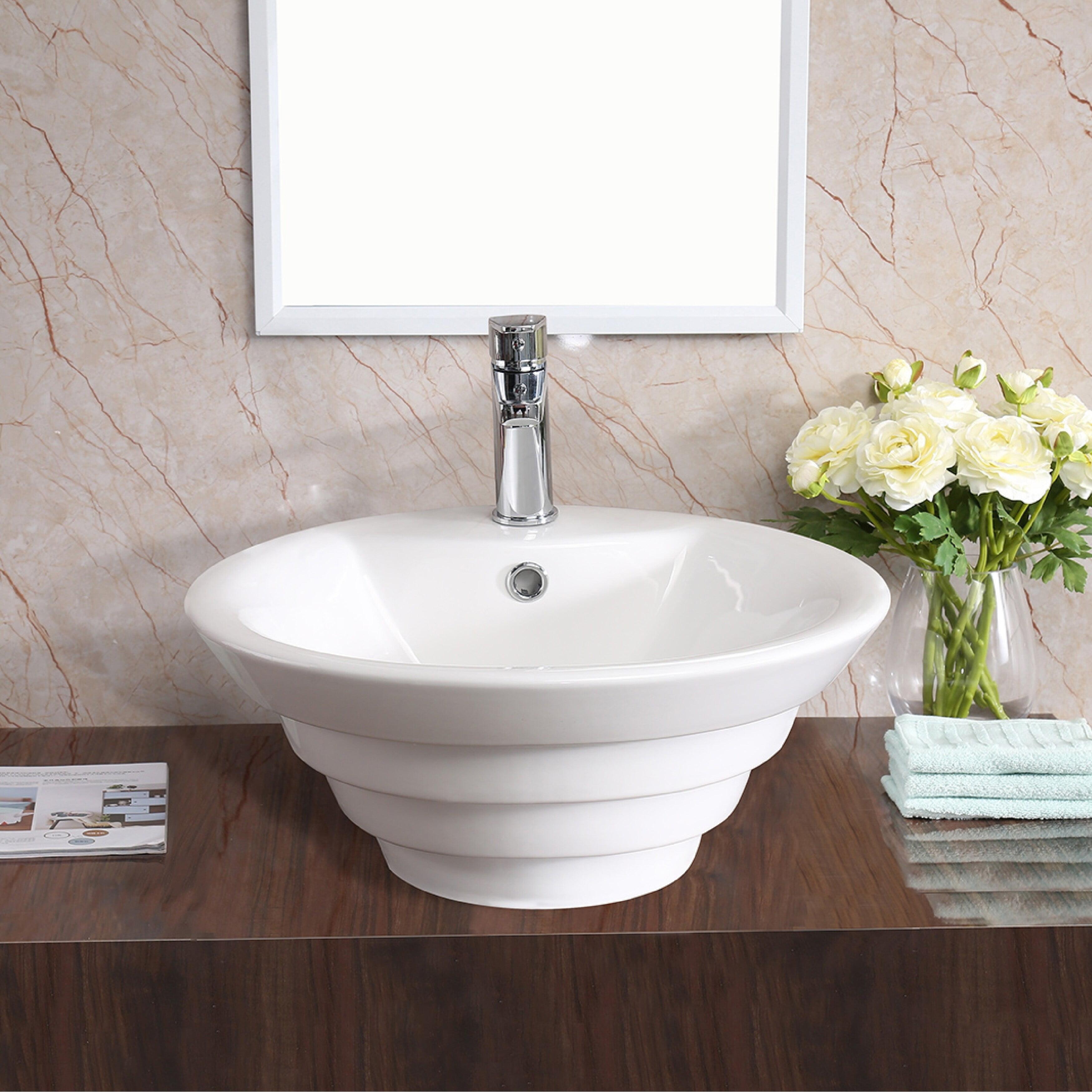 White Ceramic Round Vessel Bathroom Sink with Overflow Drain