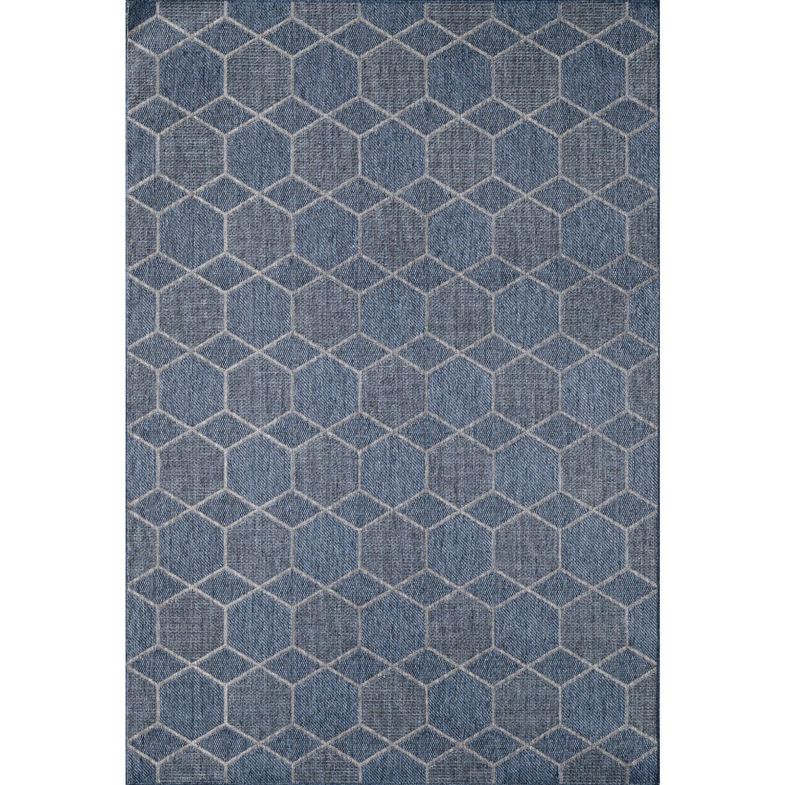 Mid-Century Transitional Blue Geometric Outdoor Rug - 8' x 10'