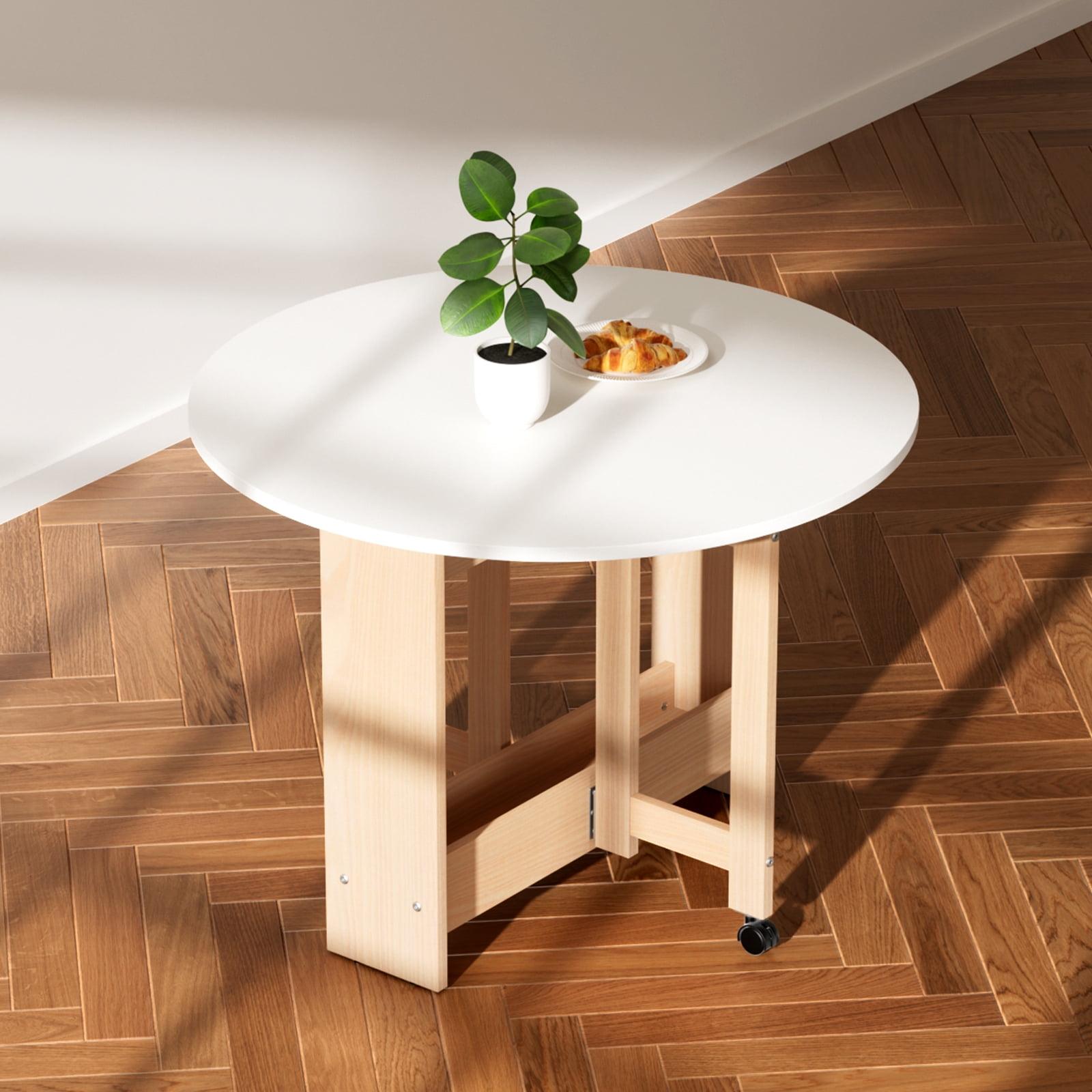 White Round Drop-Leaf Folding Dining Table with Storage