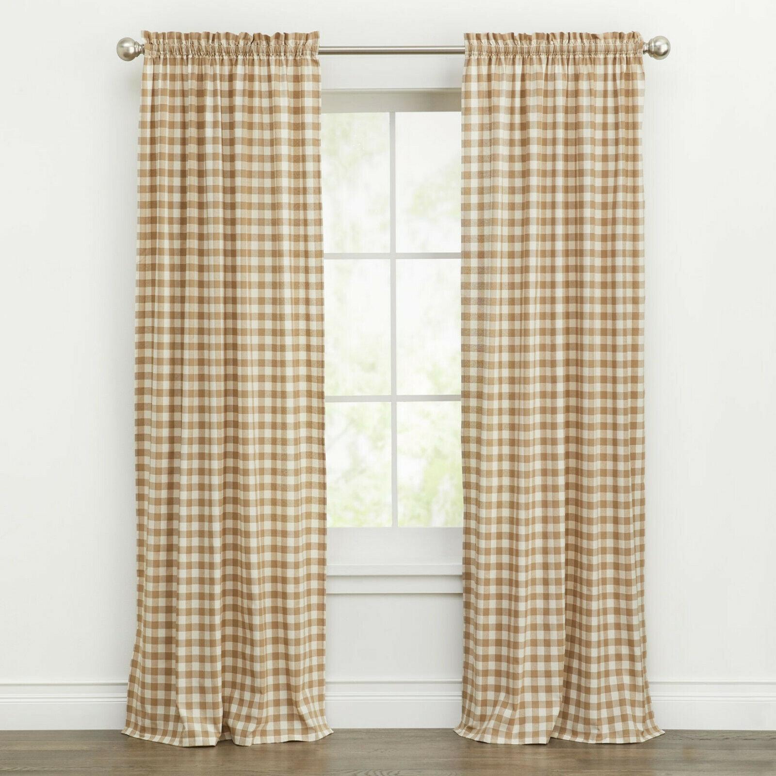 Kate Aurora Country Farmhouse Buffalo Check Plaid Gingham Single Window Curtain - 42 in. W x 63 in. L, Linen