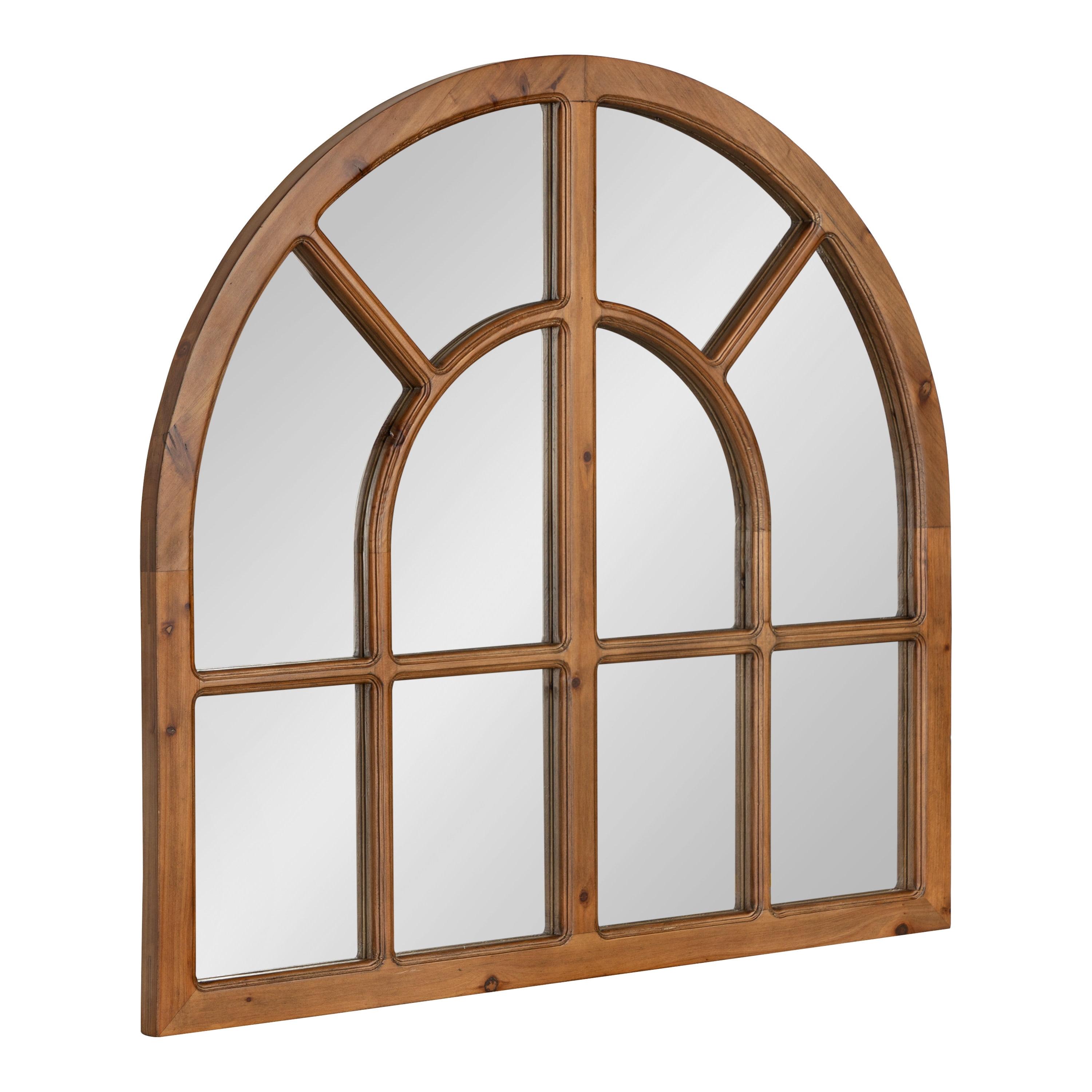 Rustic Brown Wood Arched Windowpane Wall Mirror