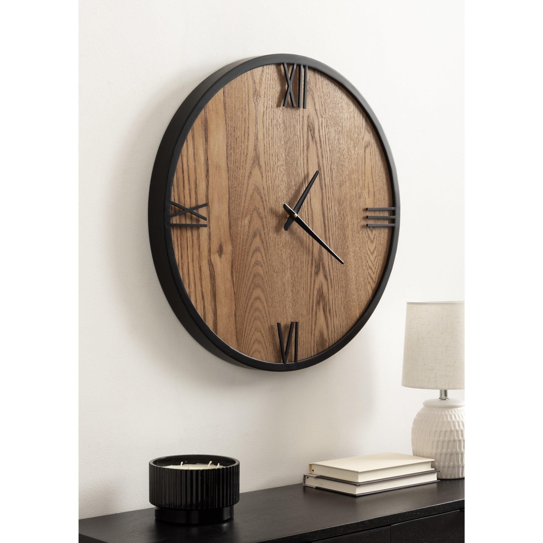 Kate and Laurel Pronte Modern Round Wood and Metal Wall Clock, 22 Inch Diameter, Rustic Brown and Black, Decorative Minimal Clock for Bedroom, Entryway, or Living Room Decor