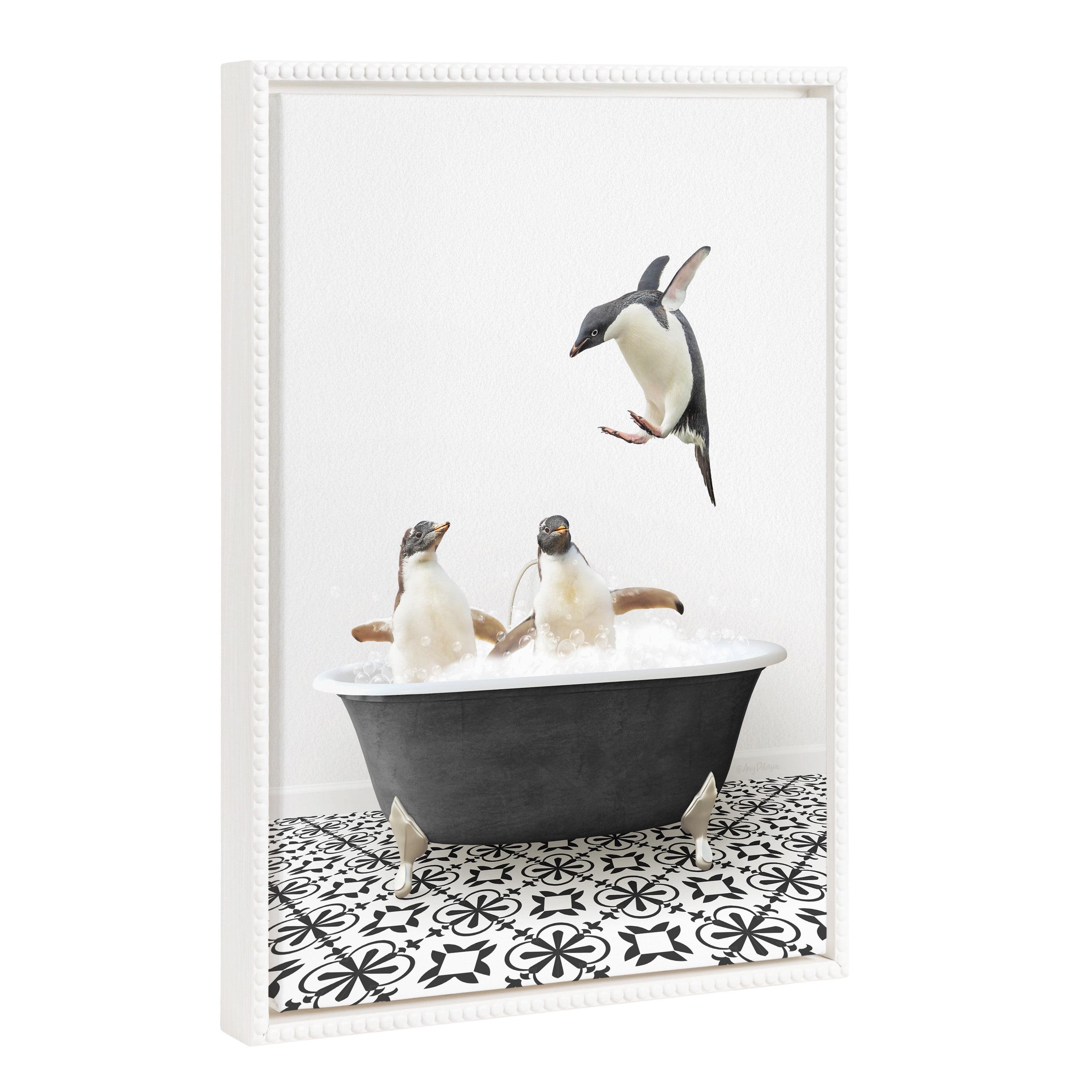 18"x24" Sylvie Beaded Penguins in Black and White Stencil Bath Framed Canvas by Amy Peterson White - Kate & Laurel All Things Decor