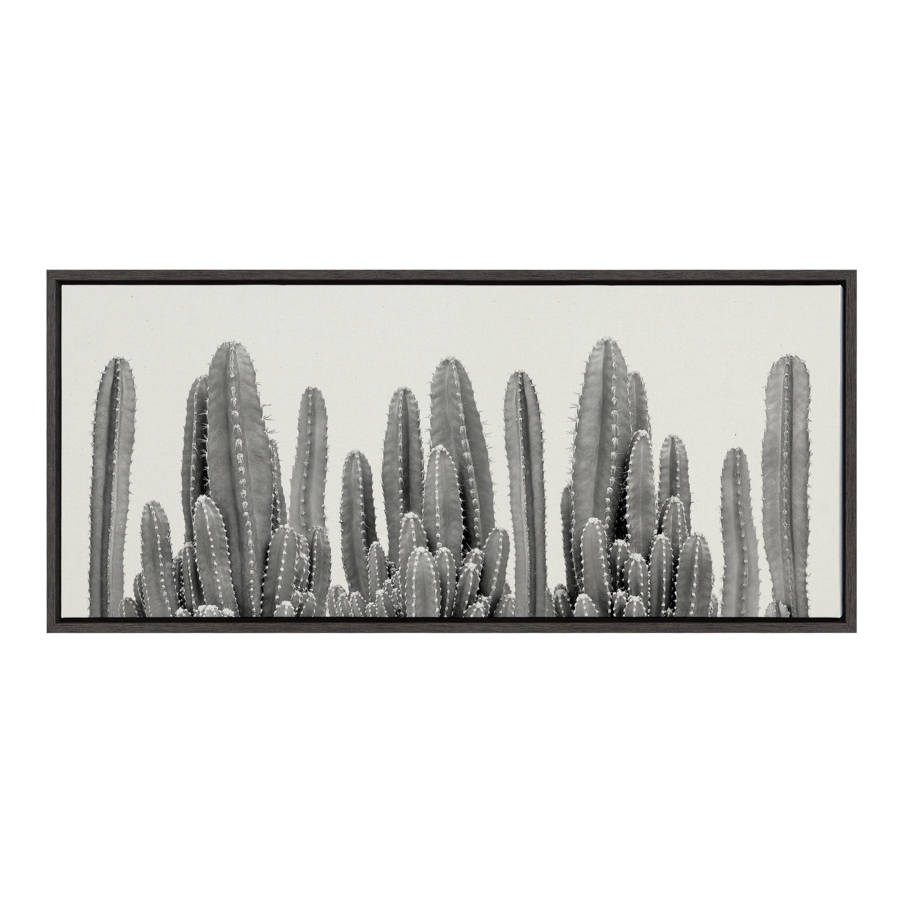 Kate and Laurel Sylvie Black and White Looking Sharp Cactus Garden Framed Canvas Wall Art by The Creative Bunch Studio, 18x40 Panel Gray, Muted Landscape Art