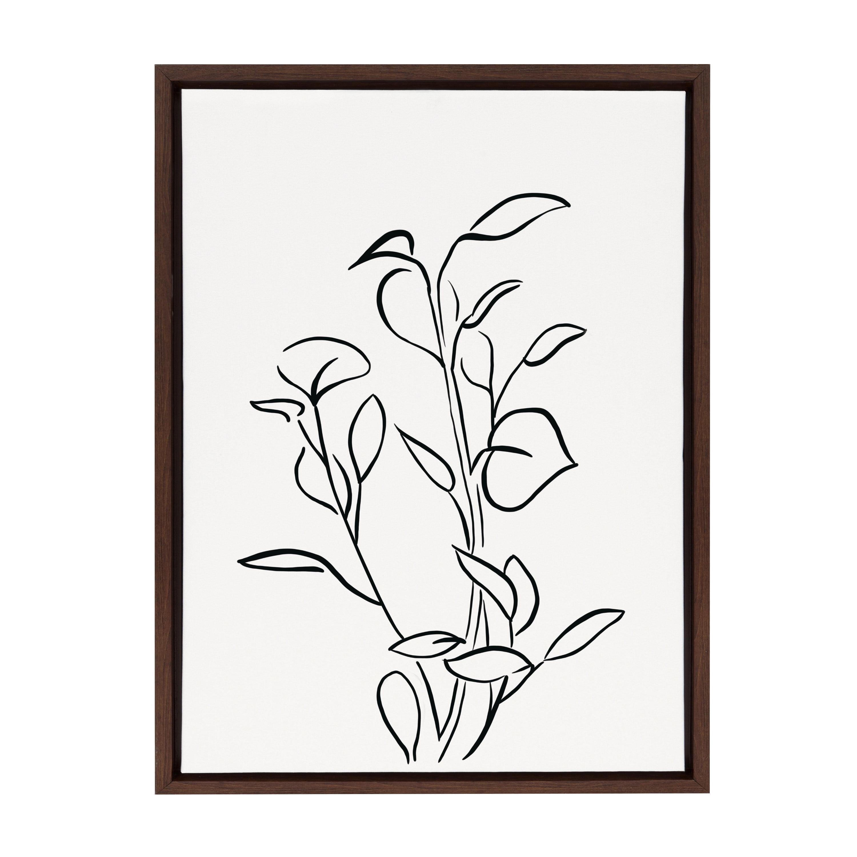 Botanical Sketch Black and White Canvas Art with Brown Frame, 18x24