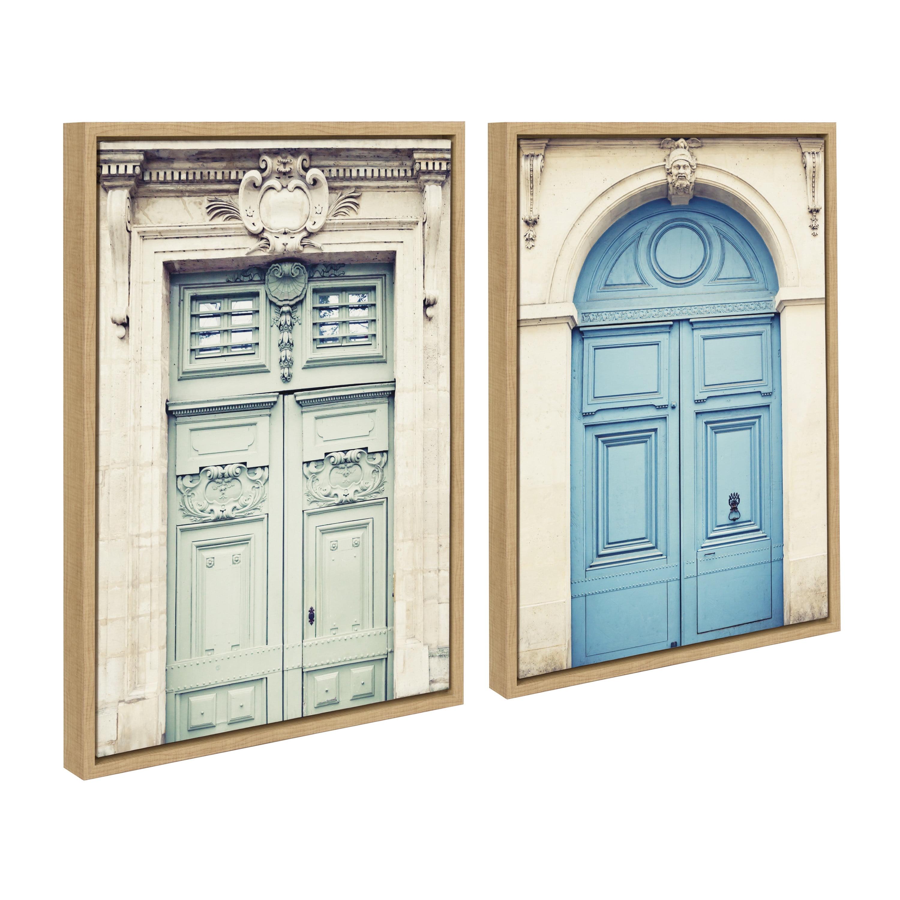 Kate and Laurel Sylvie Classic Parisian Door and Blue Paris Door Framed Canvas Wall Art Set by Caroline Mint, 2 piece 18x24 Natural, French Architecture Wall Art Set for Home Decor