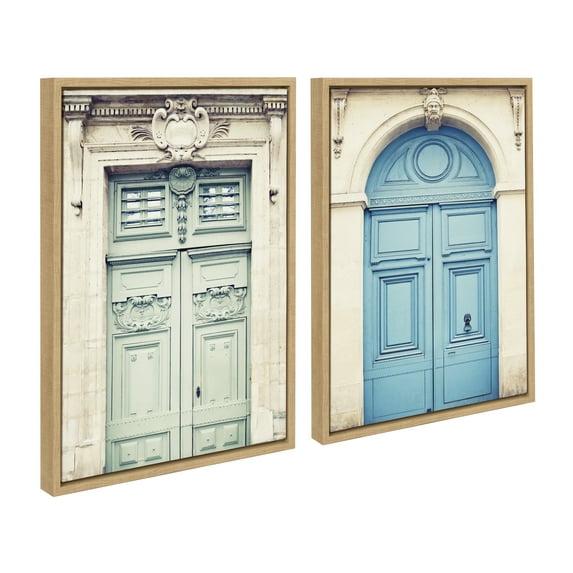 Kate and Laurel Sylvie Classic Parisian Door and Blue Paris Door Framed Canvas Wall Art Set by Caroline Mint, 2 piece 18x24 Natural, French Architecture Wall Art Set for Home Decor