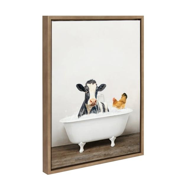 Kate & Laurel All Things Decor 18"x24" Sylvie Cow and Chicken in Rustic Bath Frame Canvas by Amy Peterson: Whimsical Wall Art