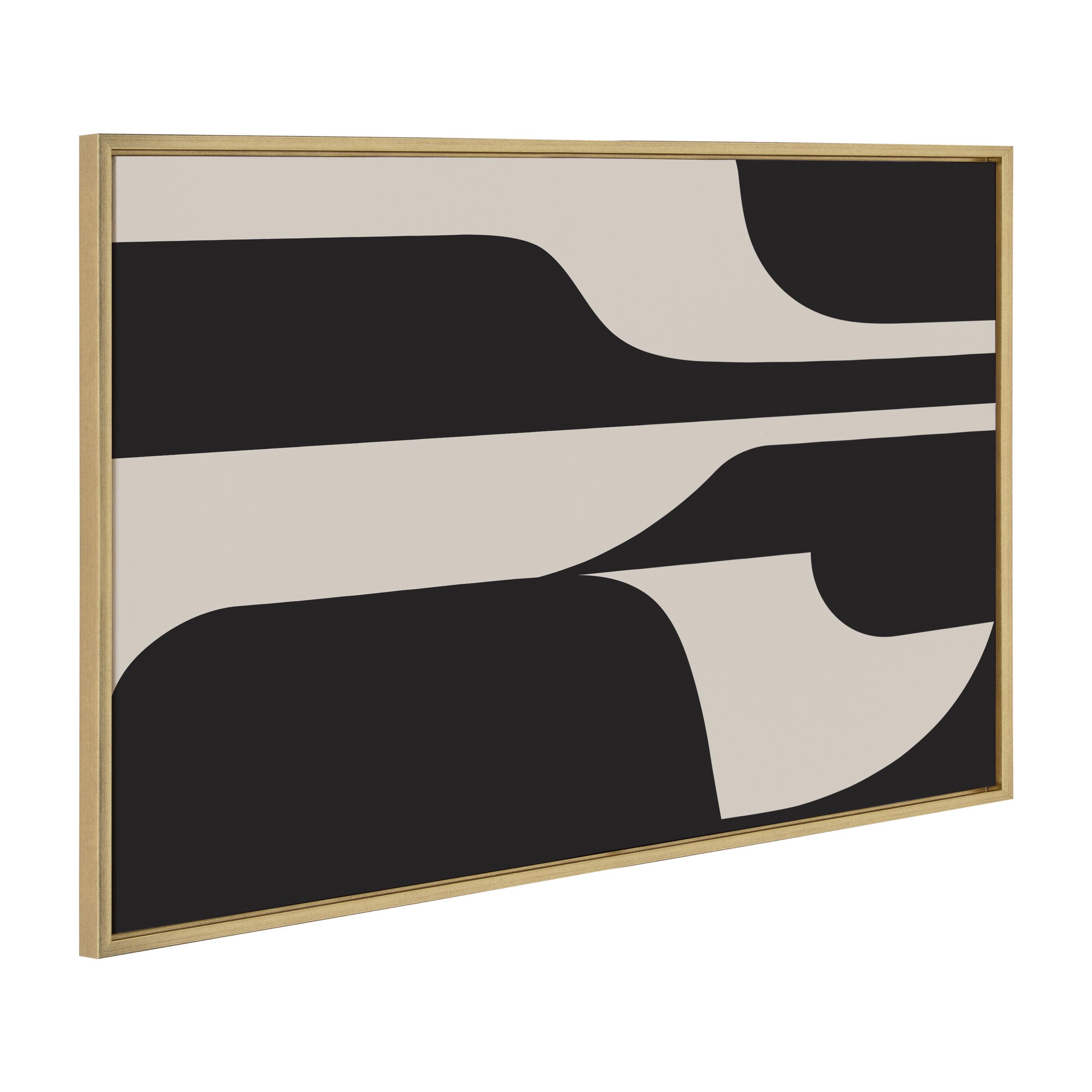 Modern Black and Beige Abstract Canvas Wall Art, 23x33 Gold Frame