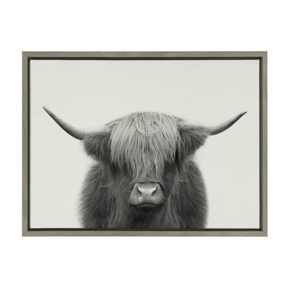 Kate and Laurel Sylvie Hey Dude Highland Cow Framed Linen Canvas by The Creative Bunch Studio, 18x24, Gray
