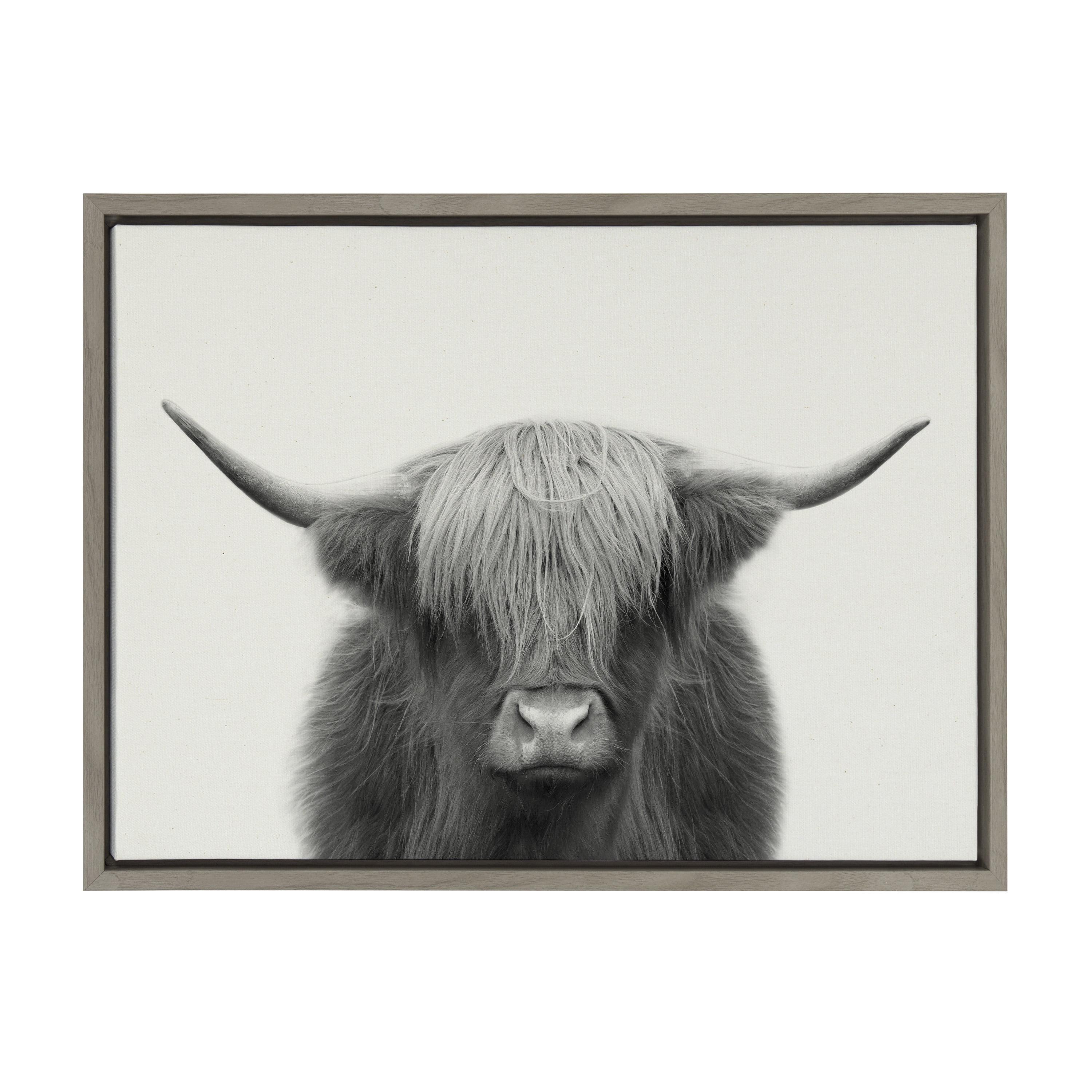 Kate and Laurel Sylvie Hey Dude Highland Cow Framed Linen Canvas by The Creative Bunch Studio, 18x24, Gray