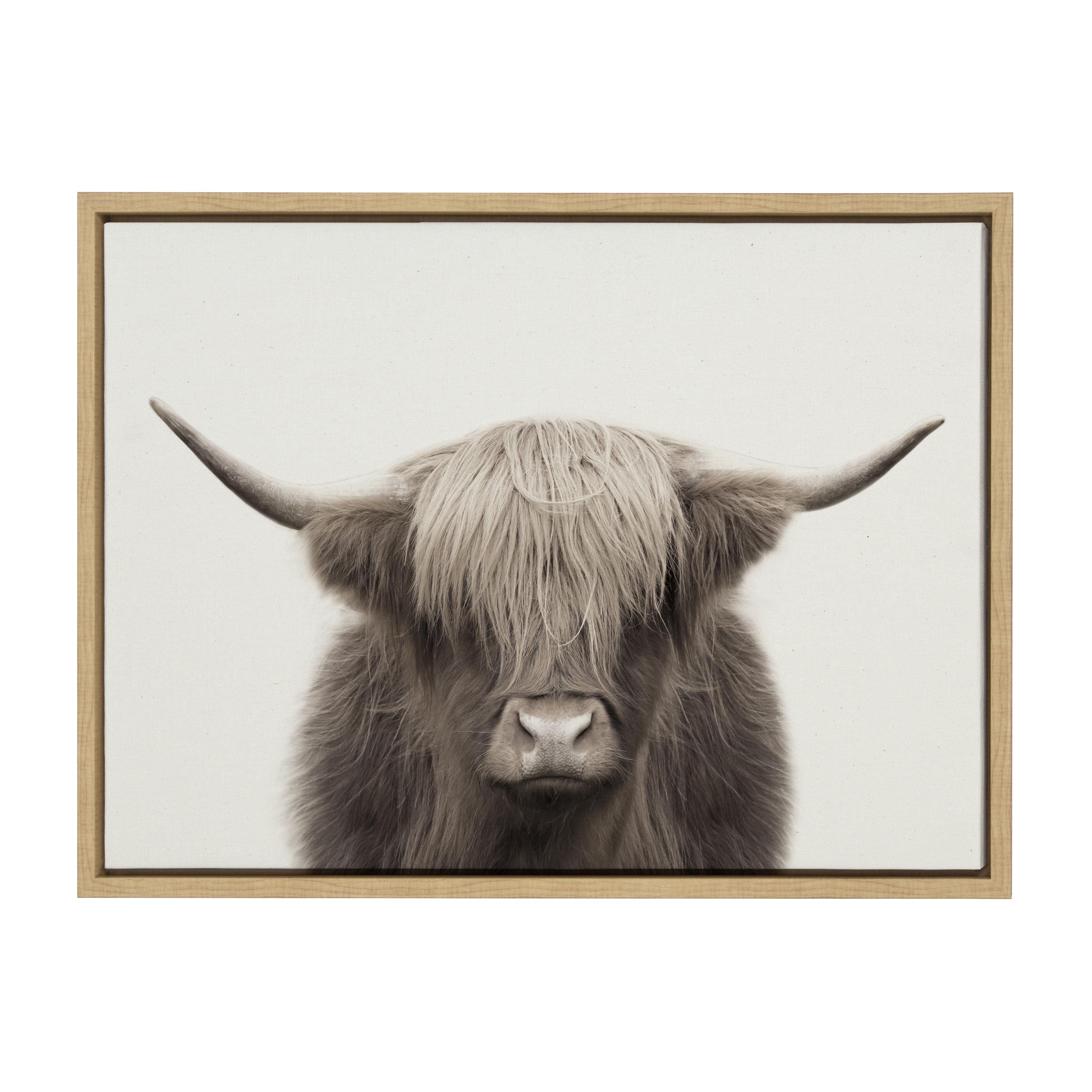 Kate and Laurel Sylvie Hey Dude Highland Cow Color Framed Canvas by The Creative Bunch Studio, 18x24, Natural