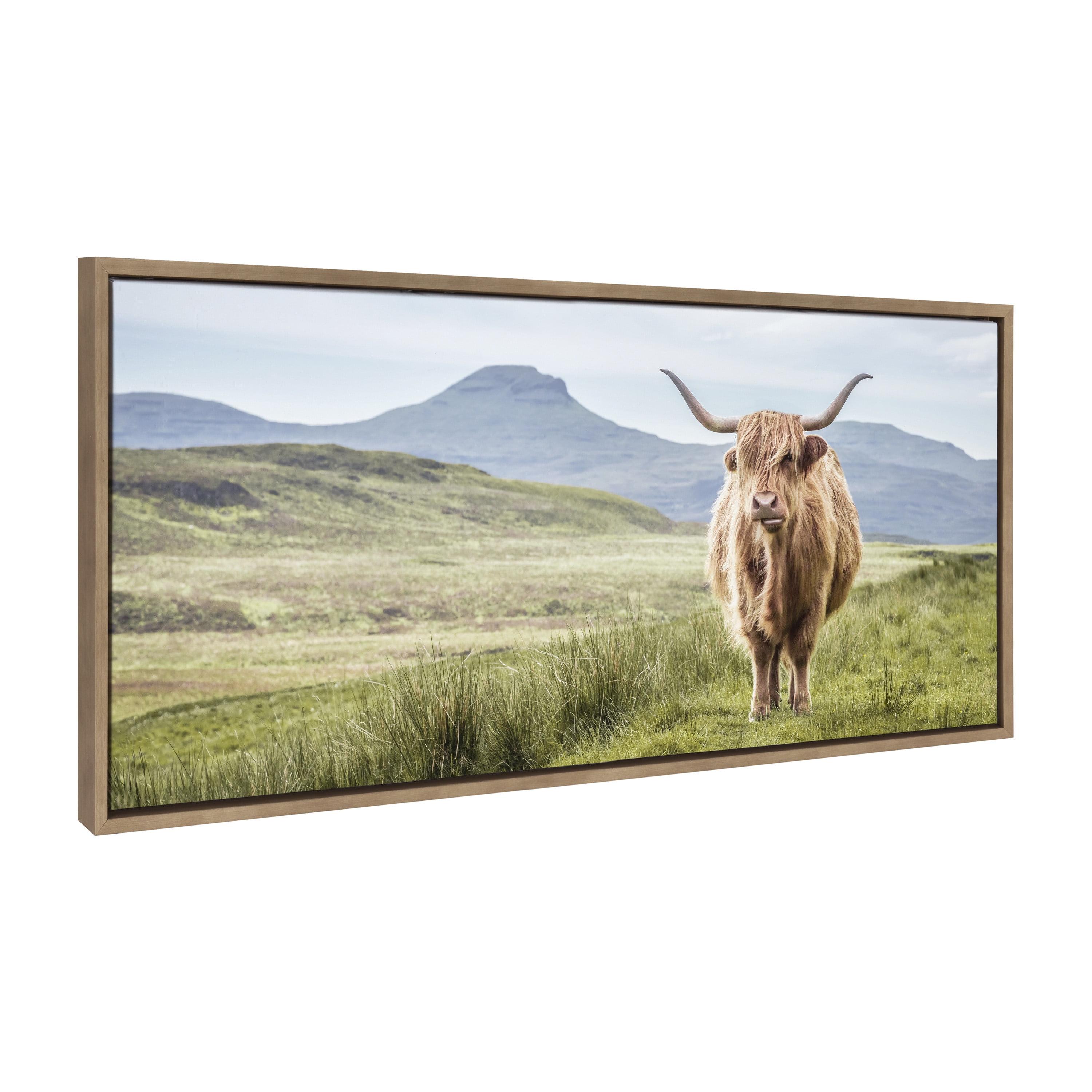 Kate and Laurel Sylvie Highland Cow Mountain Landscape Framed Canvas by The Creative Bunch Studio