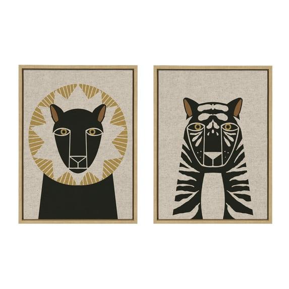 Kate and Laurel Sylvie Lion Profile Neutral Linen and Tiger Profile Neutral Linen Framed Canvas Art Set by Hannah Beisang