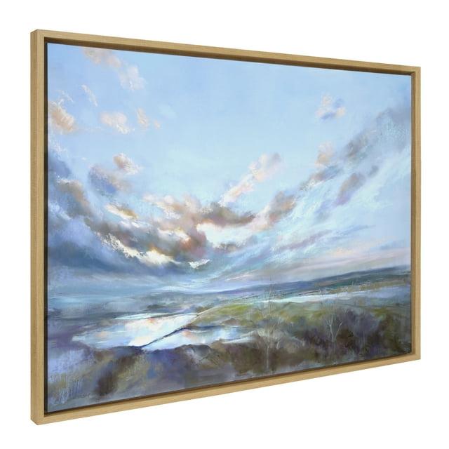 Kate and Laurel Sylvie Looking West Fairburn Ings Framed Canvas Wall Art by Nel Whatmore, 28x38 Natural, Blue Ocean Skies Landscape Painting Art for Wall Decor